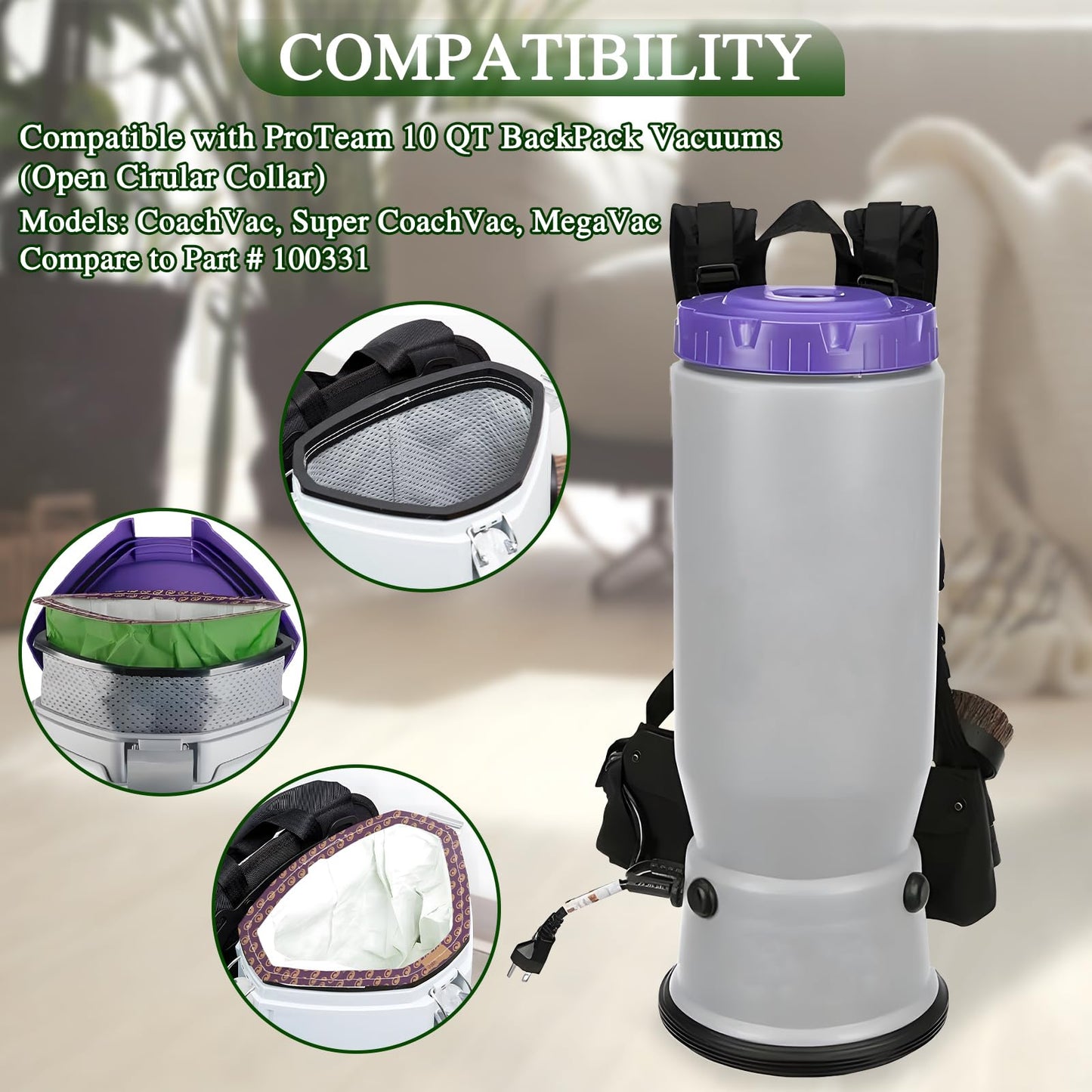 DTESL 30 Pack 100331 Vacuum Bags Replacement Compatible with ProTeam 10 QT Backpack Vacuum Cleaner, for Coachvac, Super Coachvac, Megavac, Upgraded Vacuum Filters with Open Circular Collar (30 Pack)