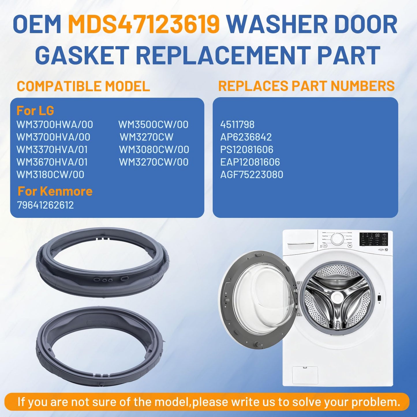 WM3700HWA/00 WM3500CW/00 WM3700HVA/00 Washer Door Boot Seal Gasket WM3270CW WM3180CW/00 WM3080CW/00 WM3670HVA/01 WM3370HVA/01 MDS47123619 for Kenmore,for LG Front Load Washer Rubber Seal