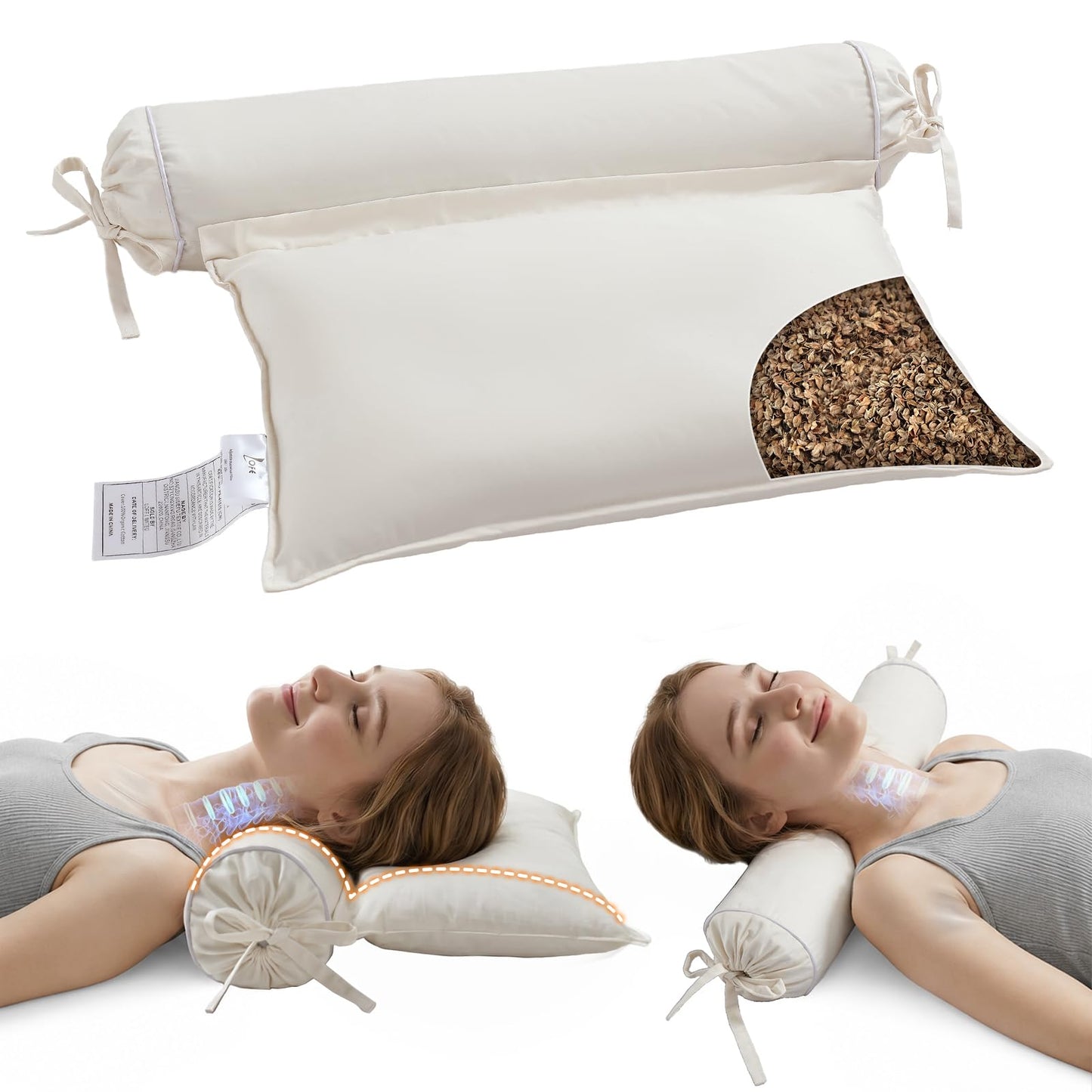 LOFE Buckwheat Pillow - 3 Point Support Buckwheat Hull Pillow for Less Pain, 2IN1 Tartary Buckwheat Neck Roll Pillow for Best Support, Adjustable Cervical Neck Pillow with Organic Cotton Pillowcase