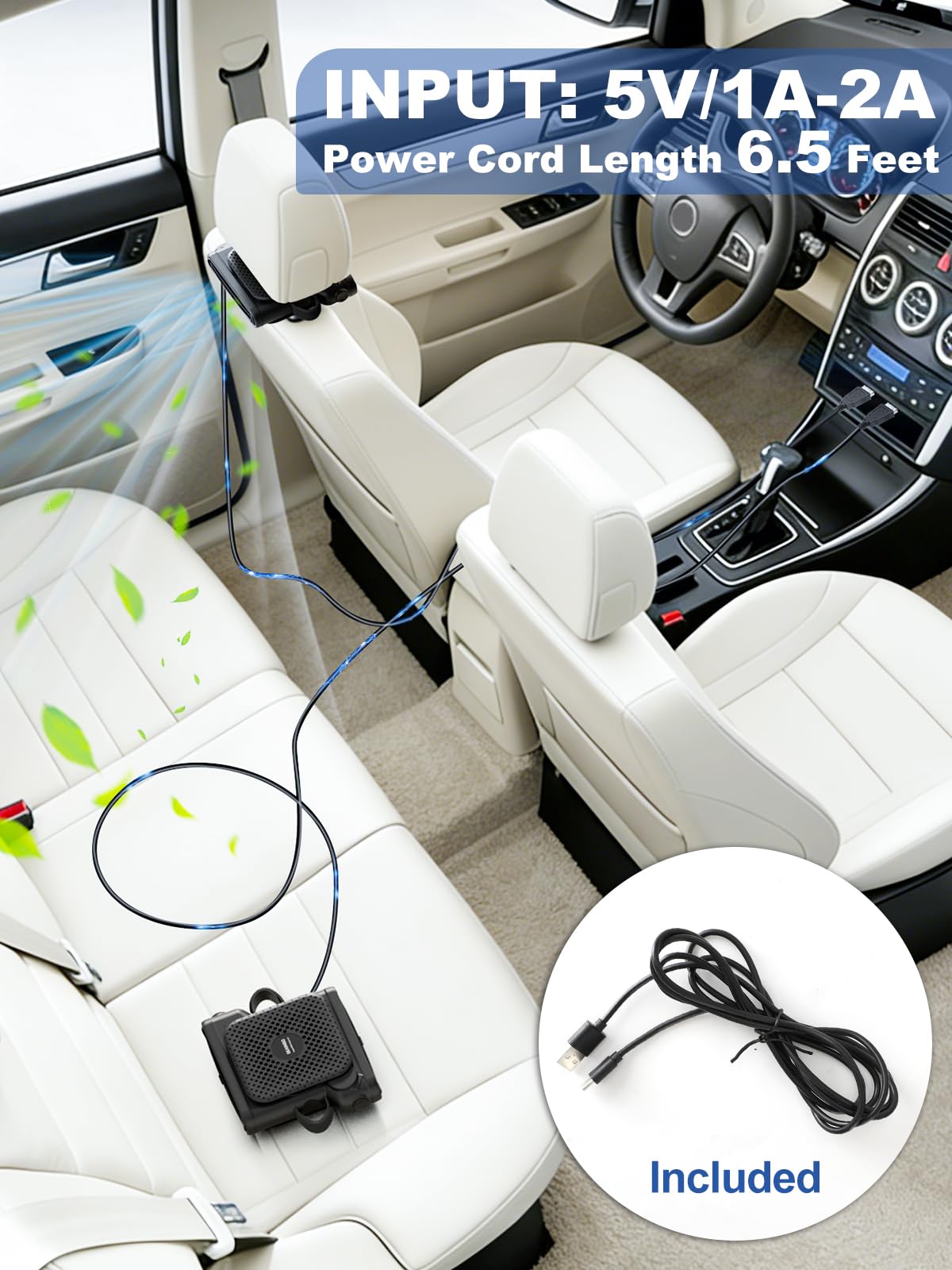 SEAINGO Car Fan for Front and Back Seat, USB Powered (No Battery, Not Rechargeable), Headrest Mount Cooling Fan with Front/Rear Airflow Switch and 3 Speeds, Fits Headrest Posts Spaced 4.6–6.2 in