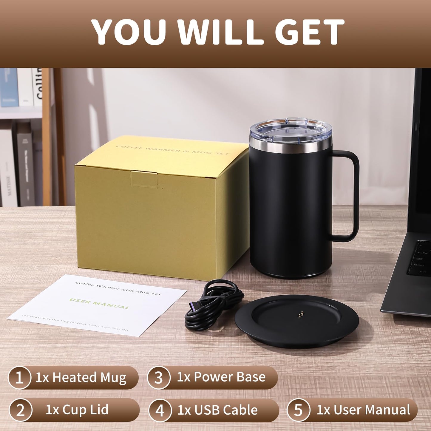 Zhenglu Coffee Warmer Mug Set for Desk, Self Heating Coffee Cup with Lid, USB Electric Coffee Mug with Temperature Control(Black-14oz)