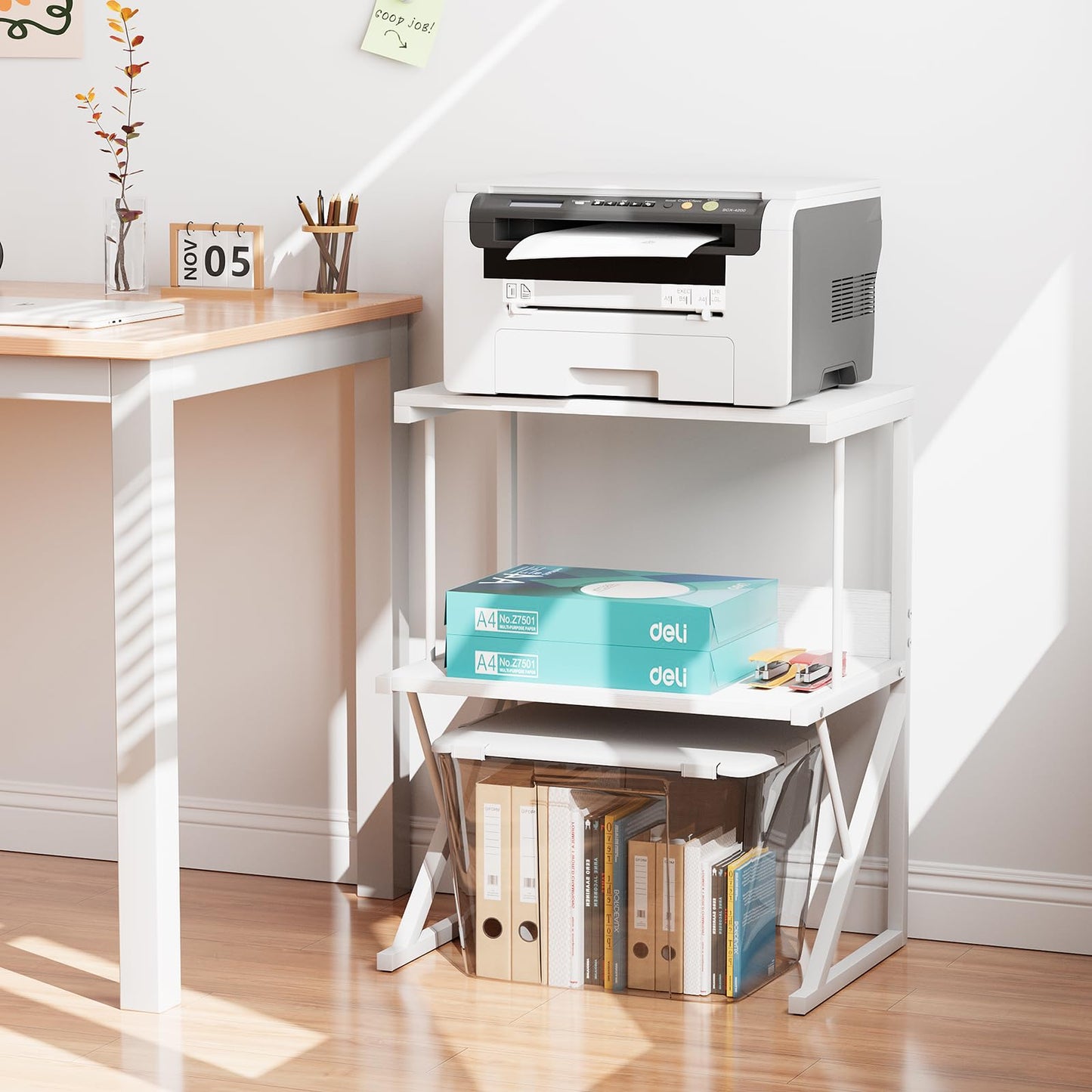 aboxoo Printer Stand for Desk, Desktop Printer Shelf Large 3-Tier Multi-Purpose Office Organization Shelves for Home Office, White