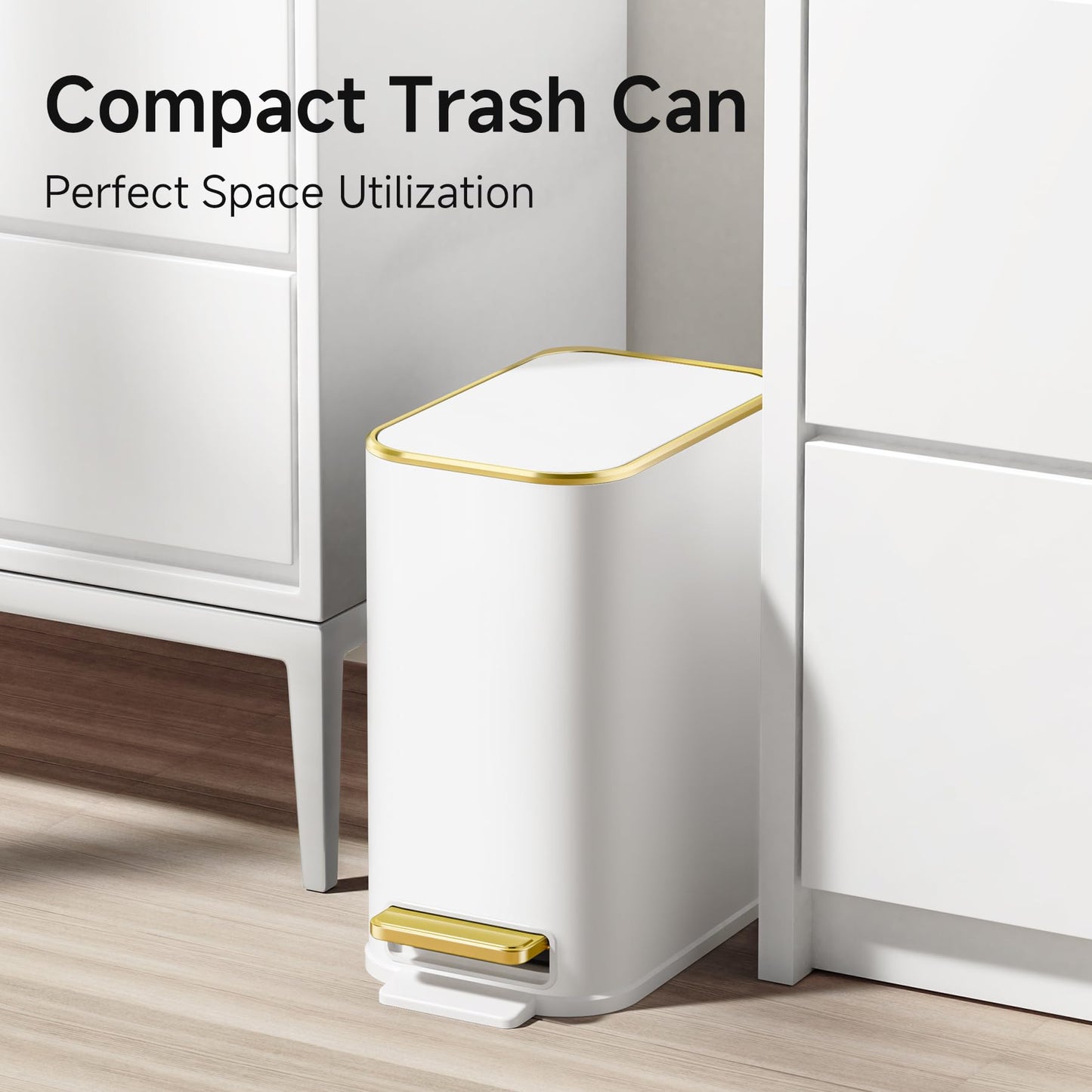 TIPGO Small Bathroom Trash Can with Lid Soft Close, Step Pedal, 5 Liter / 1.3 Gallon Stainless Steel Trash Bin, Slim Garbage Cans for Toilet, Office, Bedroom (White)