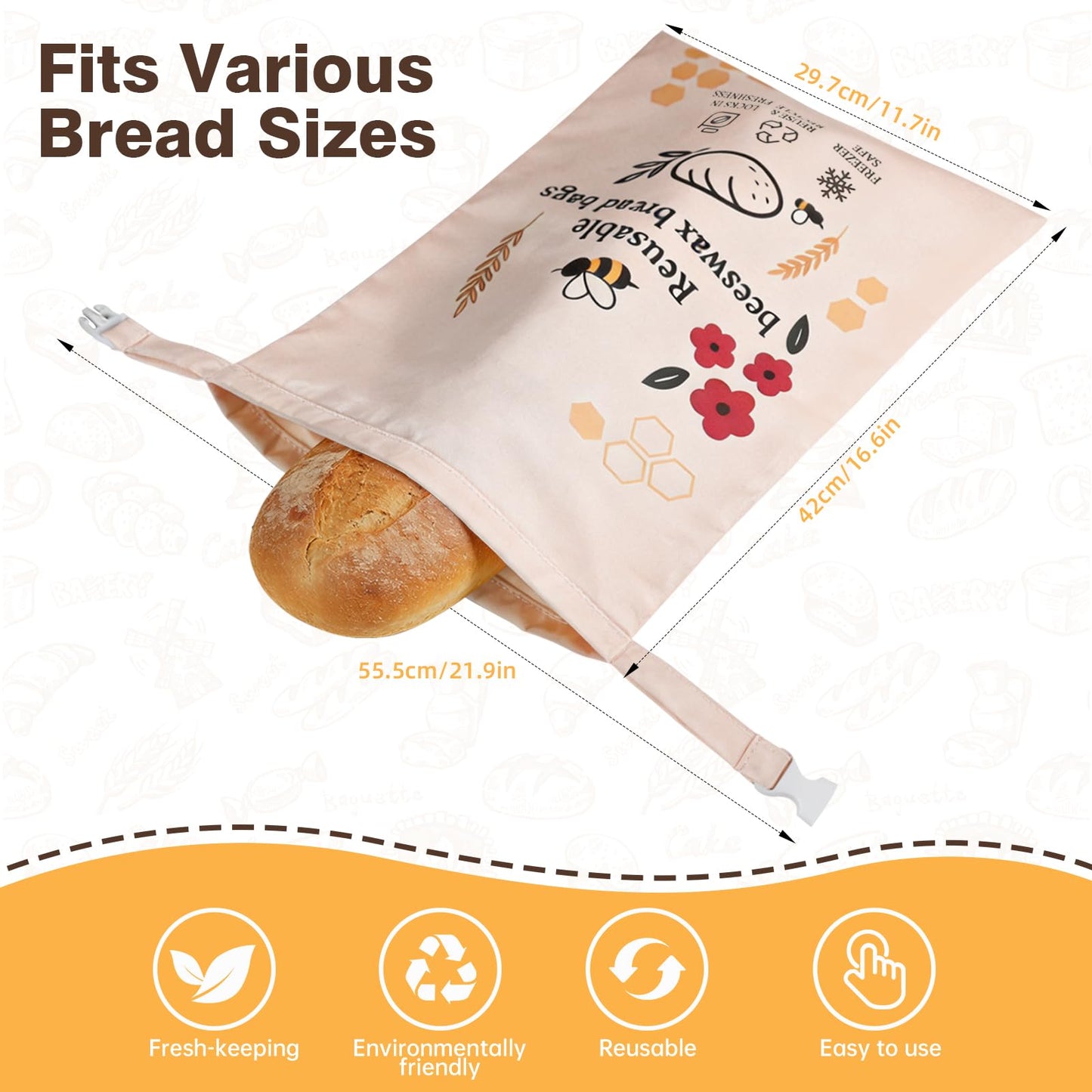 2 Pack XL Reusable Beeswax Bread Bags for Sourdough Baking, Organic Waxed Lined, Cotton Bread Bags for Homemade Bread, Food-Storage Bag to Keep Fresh