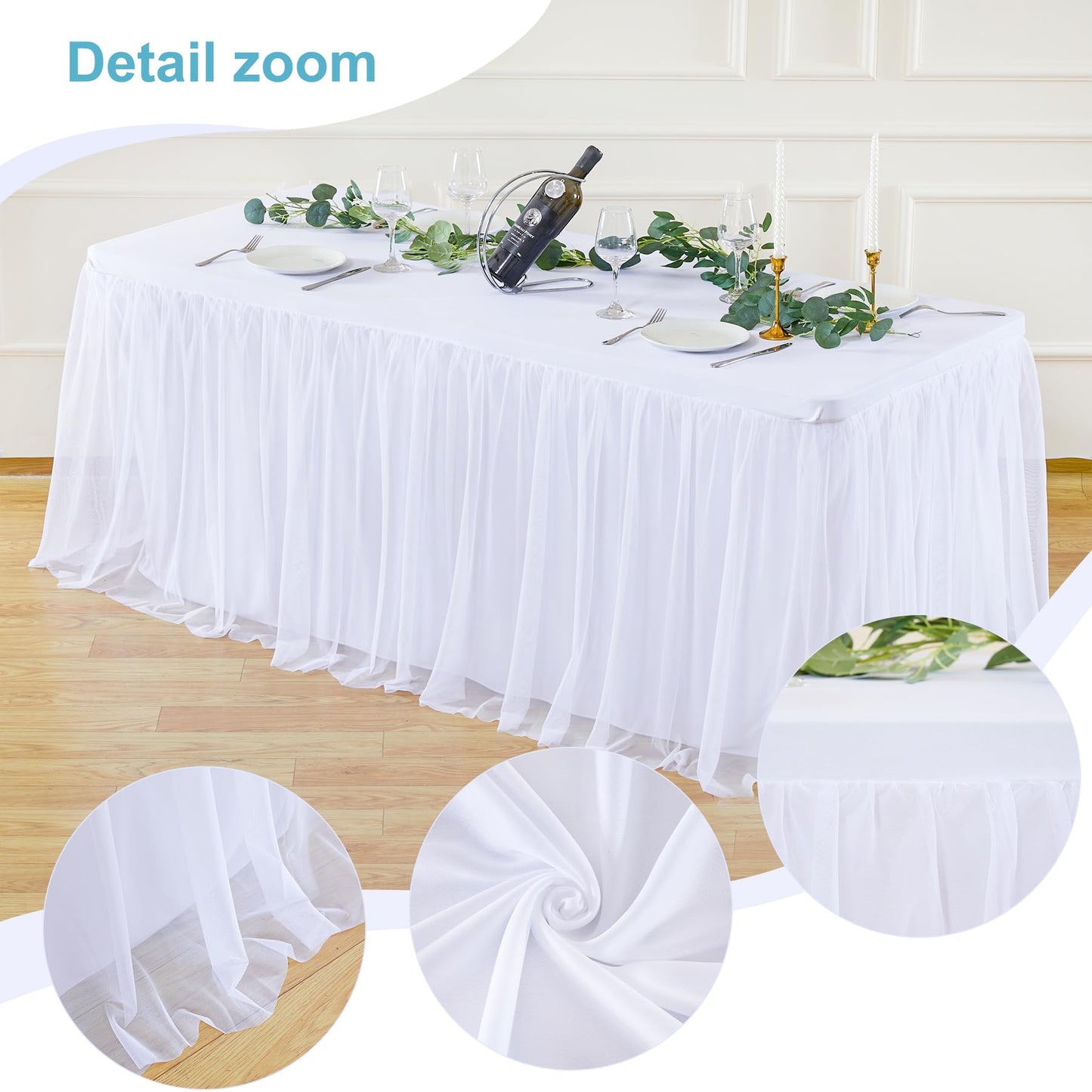 White Table Cloths 6 Foot Rectangle Stretch Ruffle Tulle Tablecloth Spandex Fitted Table Cover for 6 Foot Tables White Tulle Table Skirts Rectangle Tables 6ft Elastic Party Wedding Table Cloths
