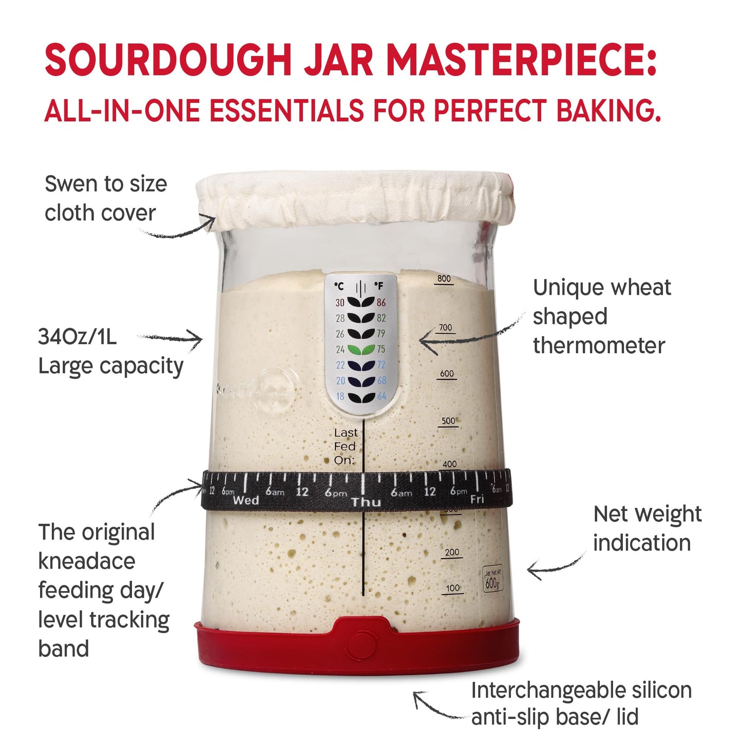 KneadAce Sourdough Starter Kit – 34oz Starter Jar, 2 Oval Banneton Proofing Baskets, Magnetic Bread Lame for Scoring – Gift for Bakers & Complete Sourdough Bread Baking Set