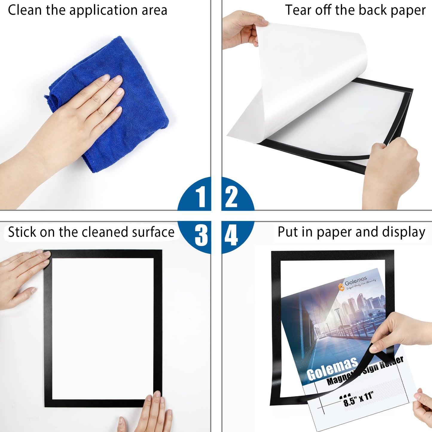 Golemas Magnetic Sign Holder, 8.5 x 11 Wall Mount Self Adhesive Document Display Frames, Double Sided Display for Glass Window (Black, 10pack)