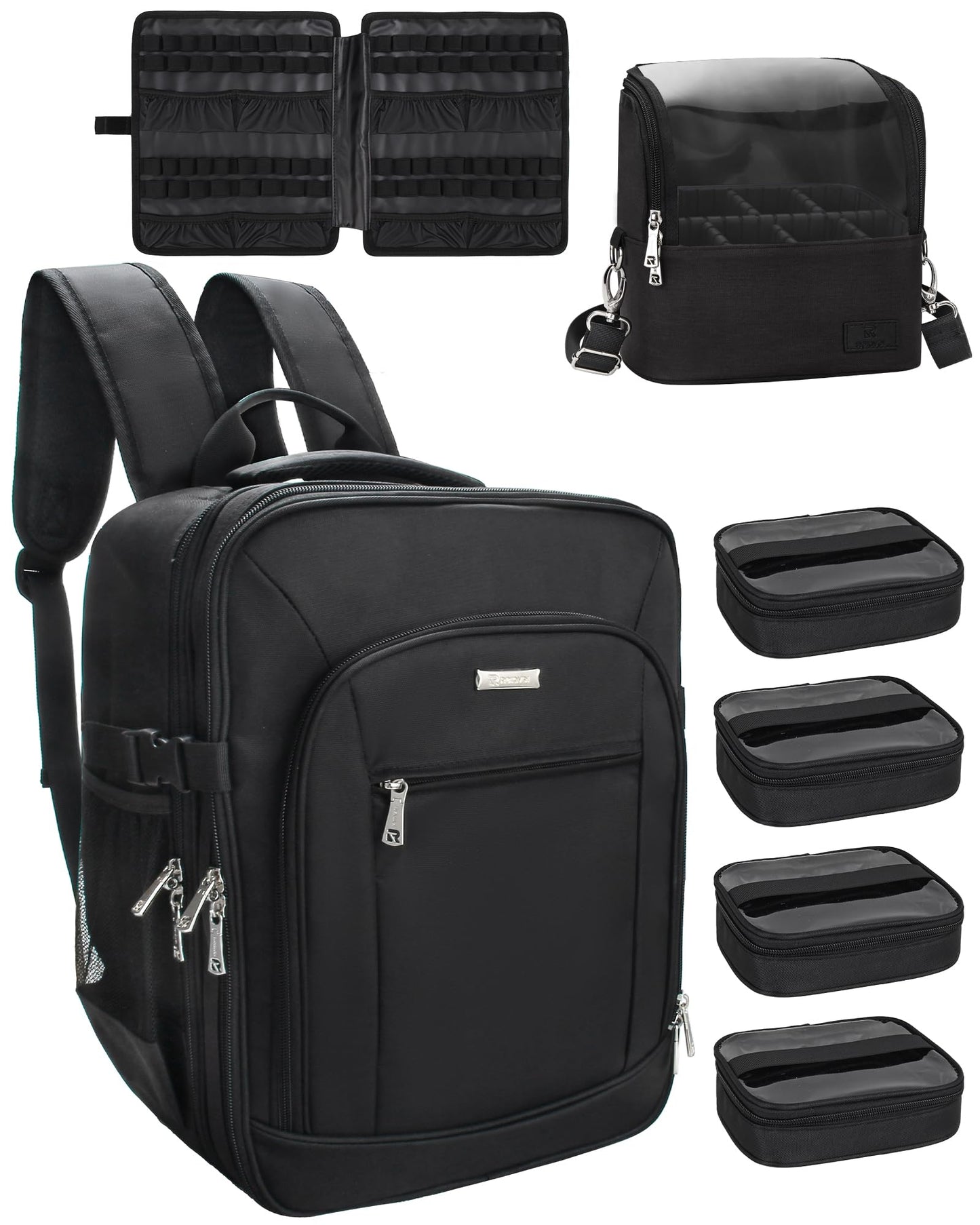 Makeup Backpack Makeup Artist Bag Professional Extra Large Cosmetic Bags Travel Train Case Storage Organizer Double-Layer Cosmetic Case with 4 Pouch and Brush Organizer (Black, two piece)