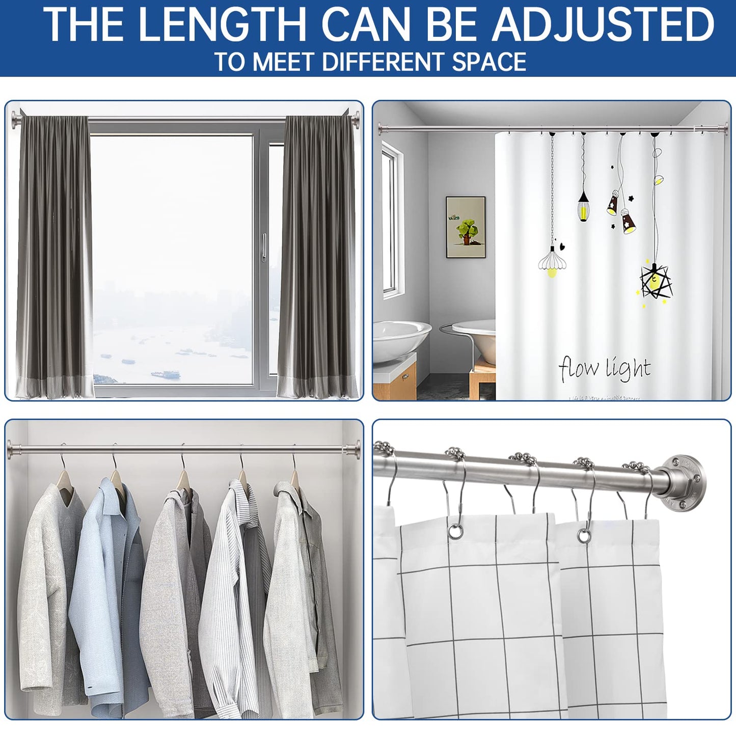 BRIOFOX Industrial Shower Curtain Rod - 2-in-1 Design Tension Curtain Rod - Never Rust Non-Slip 43 to 72 Inch 304 Stainless Steel, Brushed Nickel Window Curtain Rod