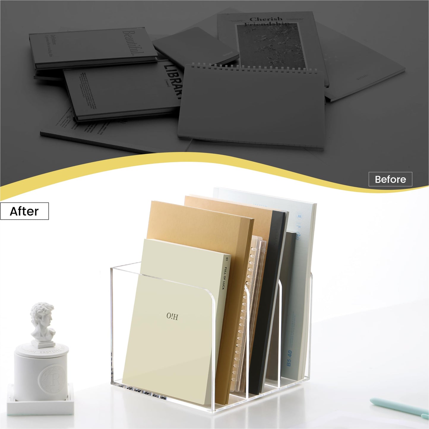 HeZone Acrylic Magazine Holder,Clear Desk Organizer with 3 Vertical Compartments,Magazine File Holder Sorter Rack Workspace Organizers for Home Office & Classroom(B5)