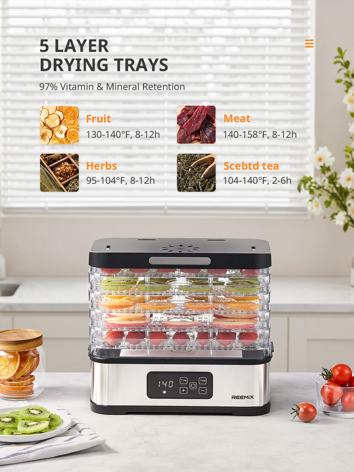 Reemix 5-Tier Compact Food Dehydrator - BPA-Free Trays, Stainless Steel Base, Touch Control LCD Display for Temperature/Time Adjustment, Home Use Dryer for Fruits, Veggies & Jerky