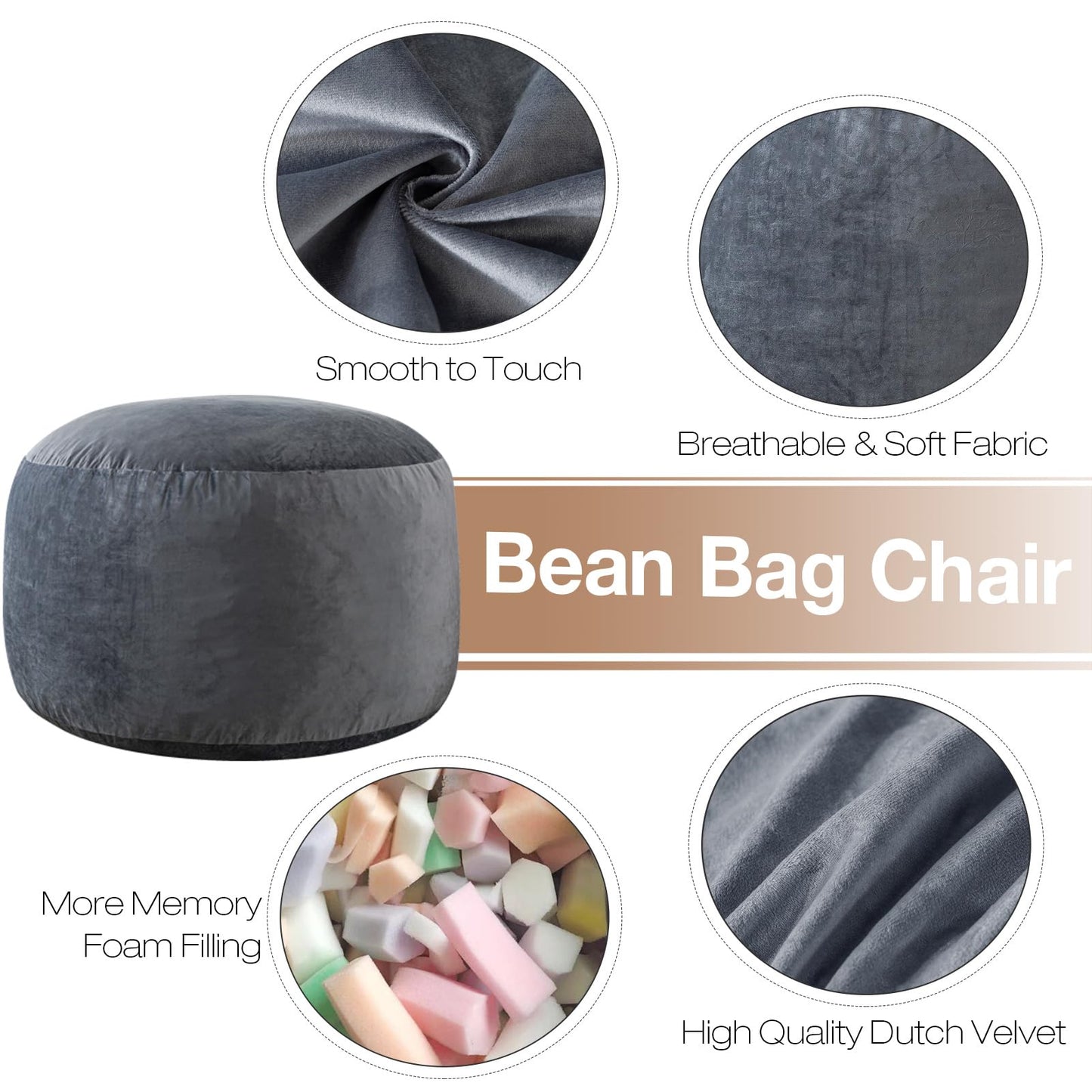 WhatsBedding 3 ft Bean Bag Chair,Large Bean Bag Chairs for Adults with Memory Foam Filling,Lazy Bean Bag Sofa for Living Room,Ultra Soft Velvet Fabric,Pull-Handle,Side-Pocket - 3 Foot,Dark Grey