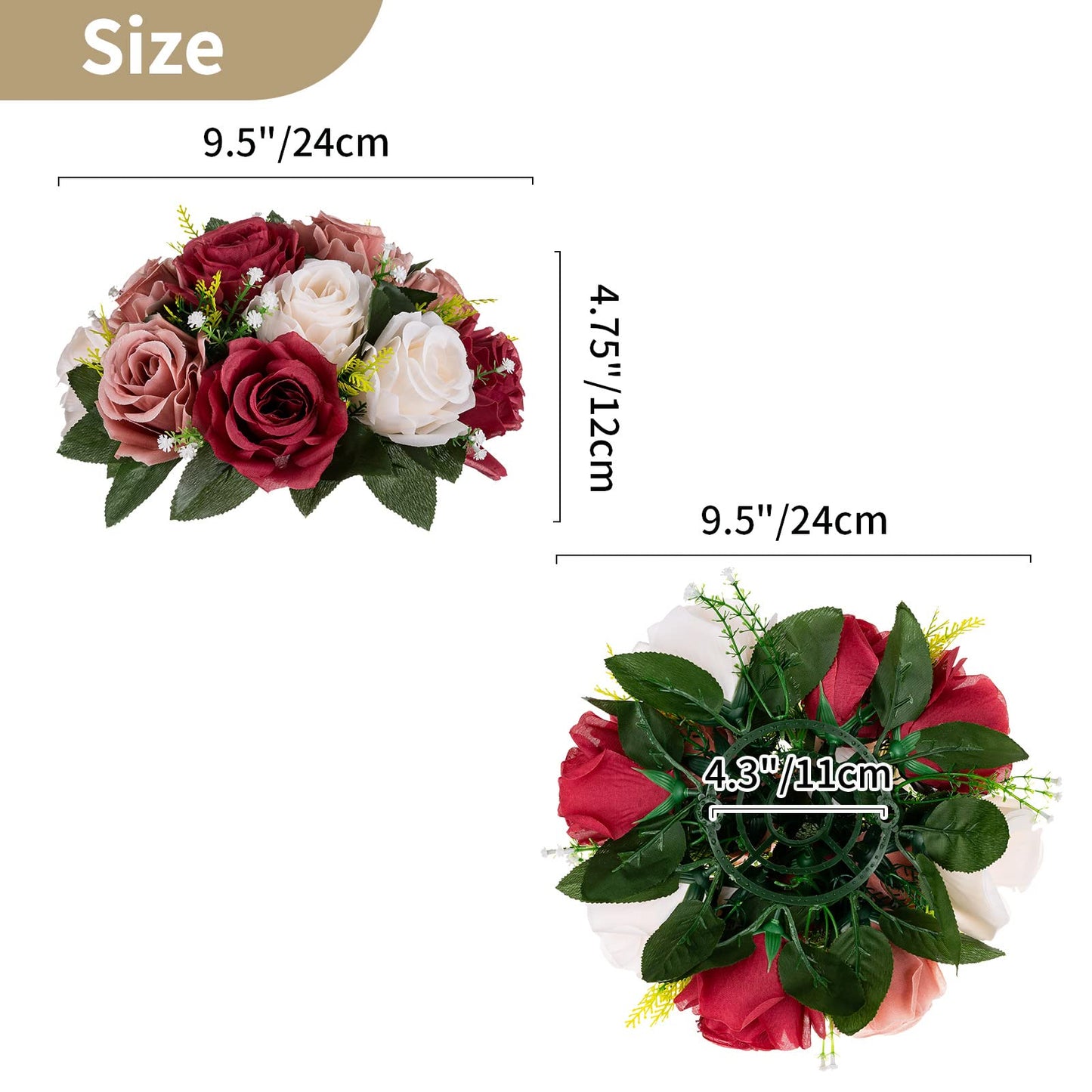 Nuptio Artificial Flower Centrepieces for Tables - 6 Pcs Burgundy & Dusty Rose & Creamy White Fake Flowers Roses Balls 9.5in Diam - Silk Faux Rose Arrangement for Wedding Party Centerpiece Table Decor