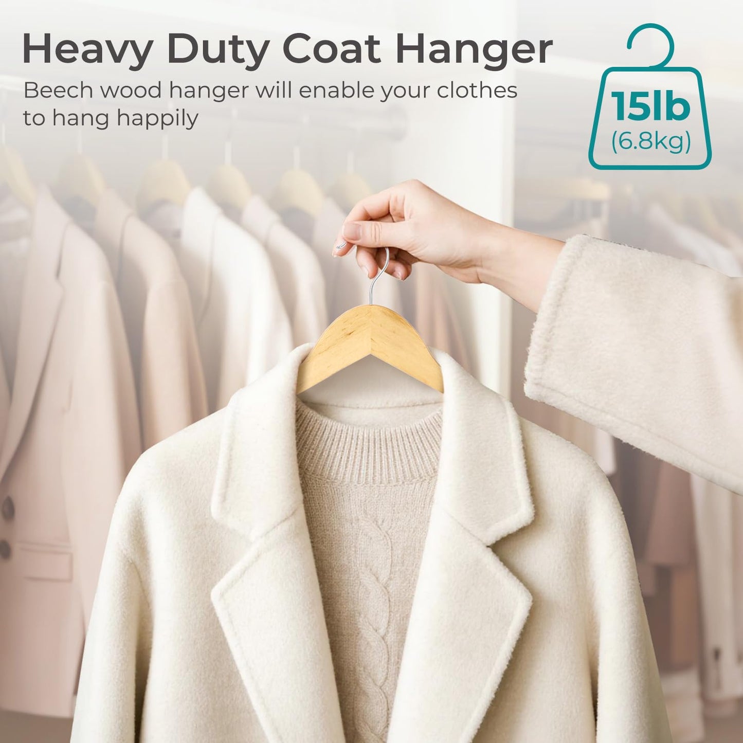 HOUSE DAY Premium Wooden Coat Hangers 30 Pack, Heavy Duty Solid Wood Clothes Hangers with 360° Swivel Hook & Pant Bar for Jackets, Dress, Shirts, Natural Wood Suit Hanger for Closet Organizer