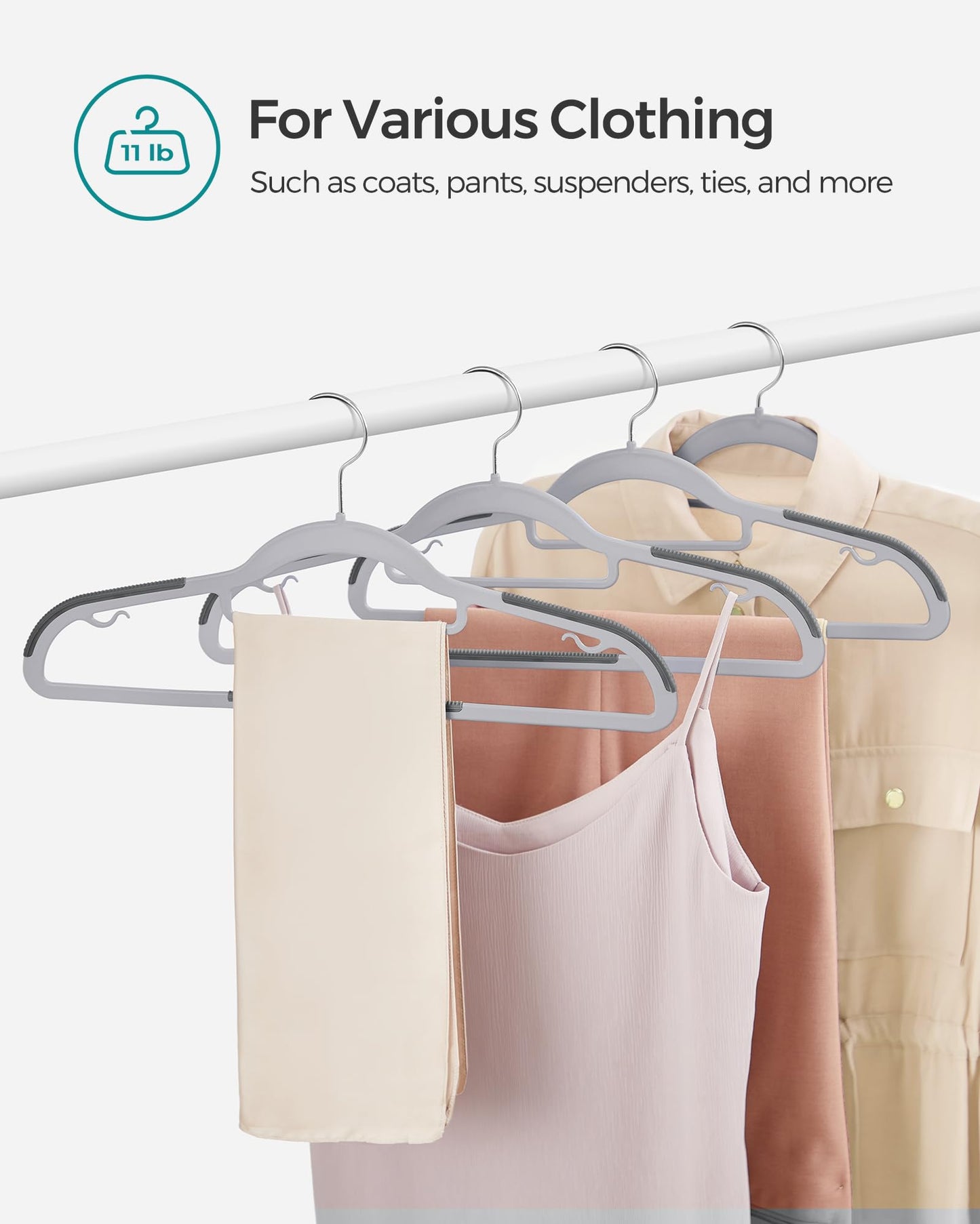 SONGMICS Pack of 50 Coat Hangers, Space-Saving Plastic Clothes Hangers, Non-Slip, 0.2 Inches Slim, 16.5 Inches Wide, 360° Swivel Silver Hook, Light Gray and Dark Gray UCRP20G50