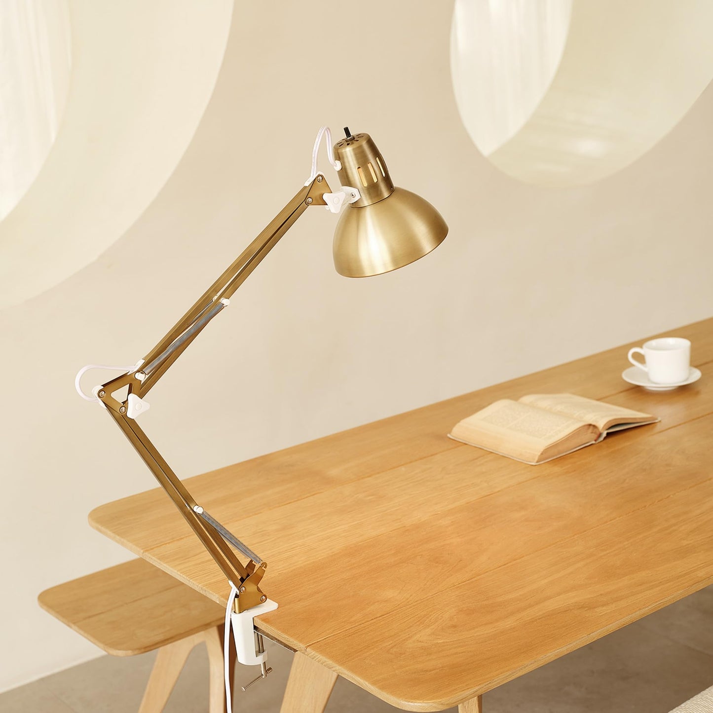 Globe Electric 52847 31.5 Inch Swing Arm Clamp-On White Desk Lamp with Nickel Accents, On/Off Rotary Switch, Book Reading Light, Home Essentials, Office Décor, LED Bulb Compatible