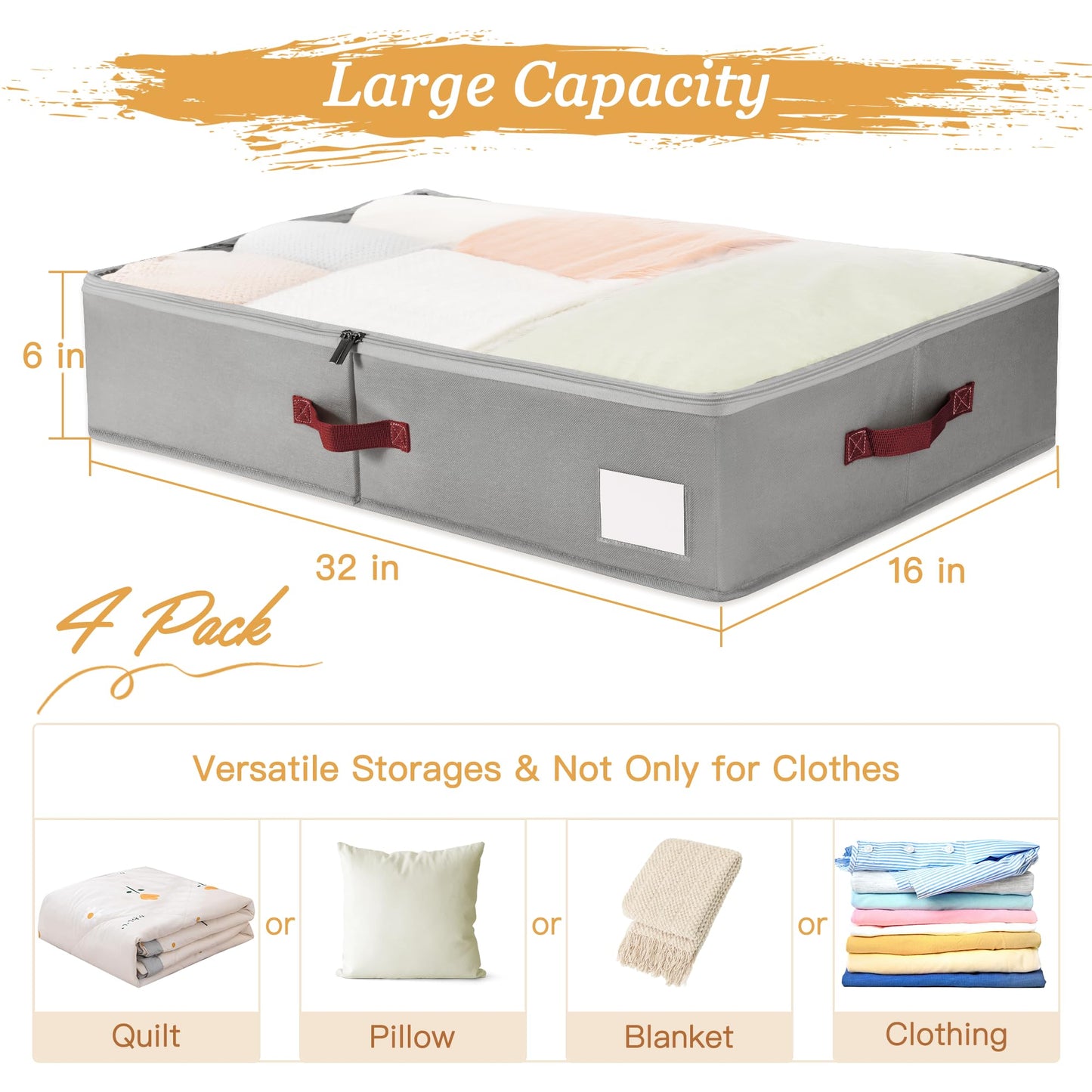 Criusia Under Bed Storage Bins with Clear PVC Lids – 4 Pack Large Underbed Organizers with Heavy-Duty Handles, Reinforced with 800G PP Panels & 80G Non-Woven Fabric – Waterproof & Foldable, Gery