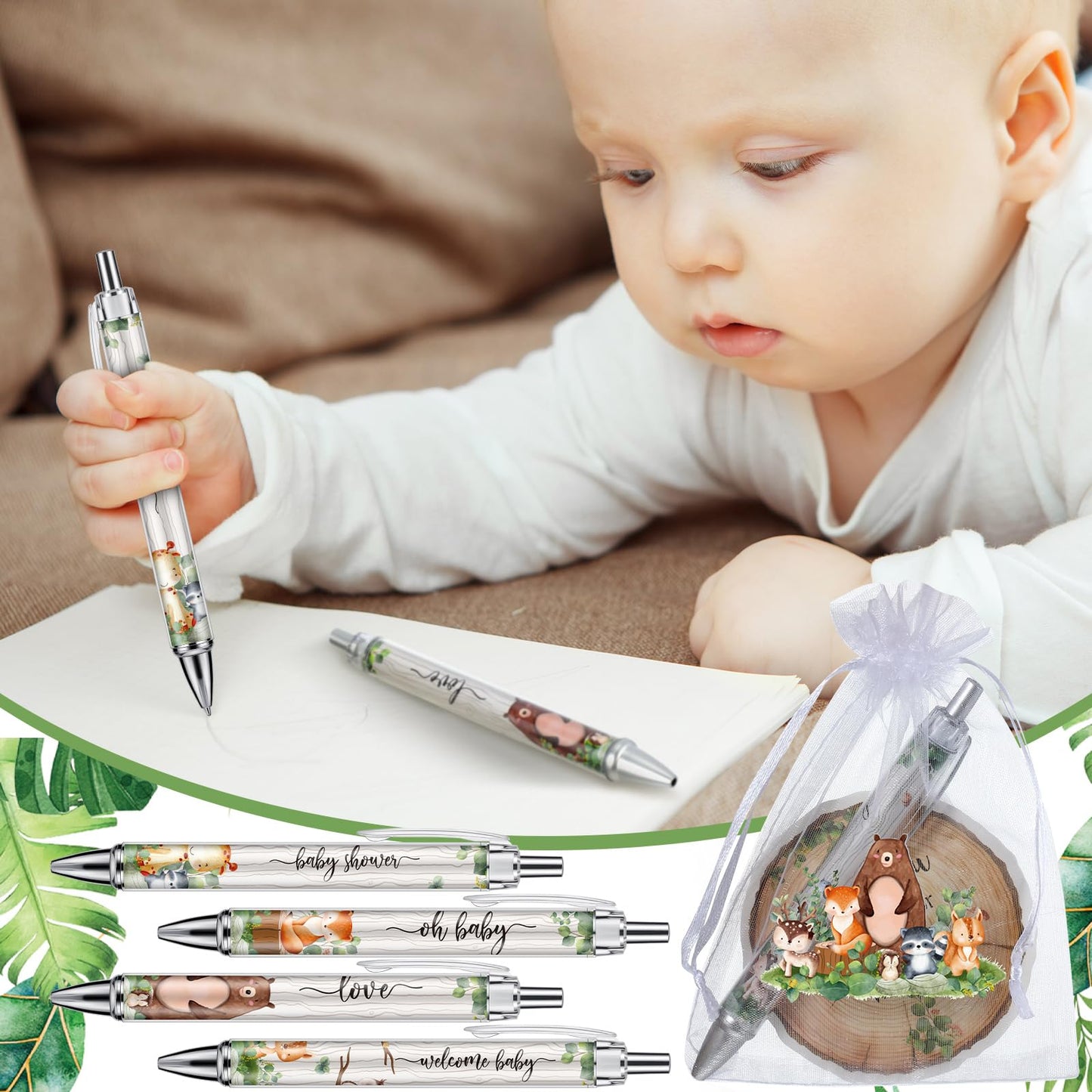 Chuangdi 50 Sets Baby Shower Favors Gifts for Guests Includes 50 Pcs Ballpoint Pens, Thank You Cards and Organza Bags(Woodland Animal)