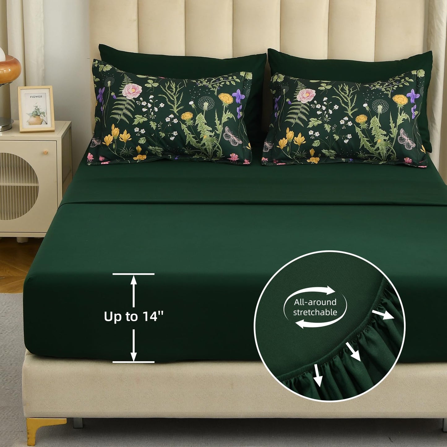 Yiran King Size Comforter Set 7 Piece, Dark Green Floral Bedding Set, Bed in a Bag King with Botanical Flowers Pattern, Soft Microfiber Complete Bedding Set with Sheets for All Season