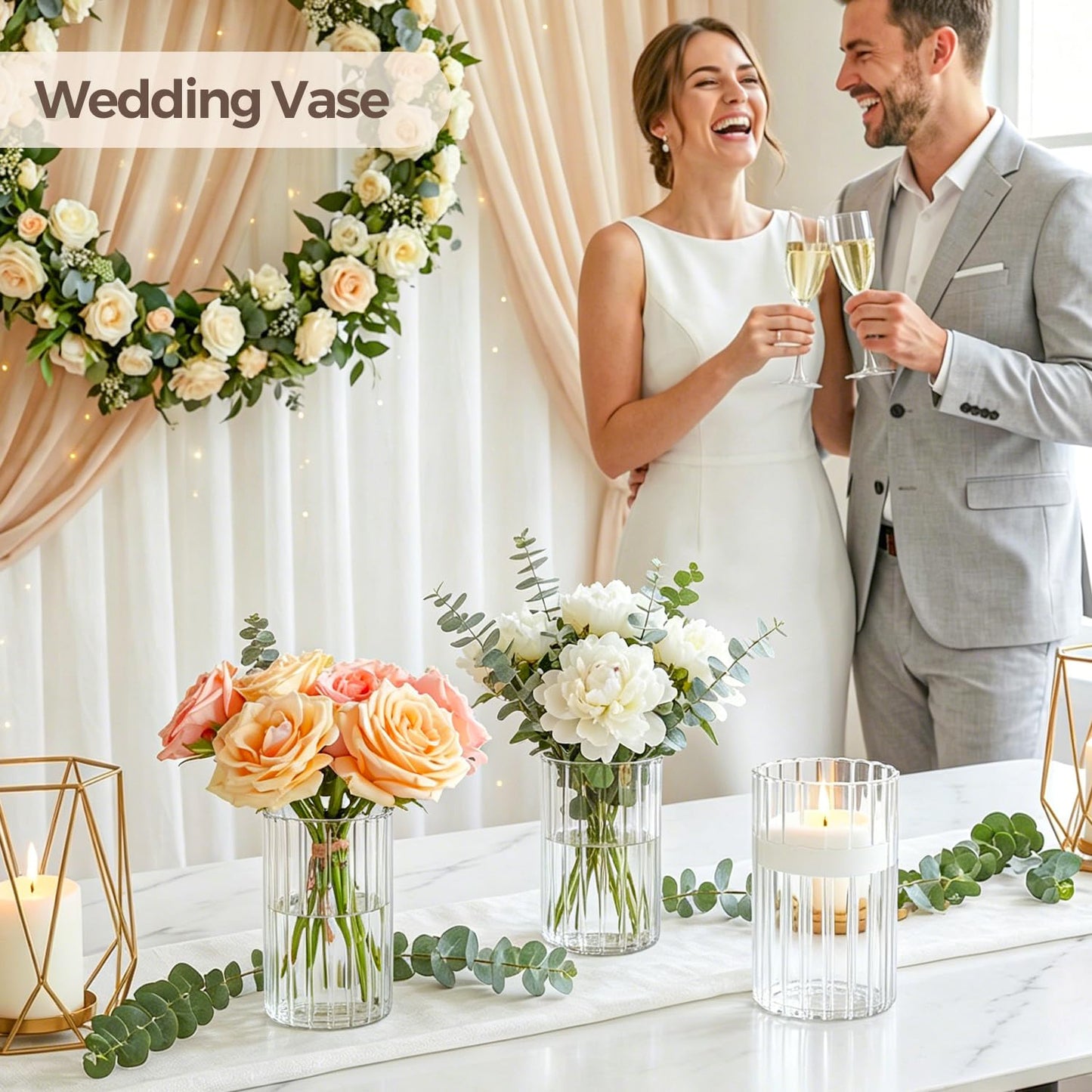 ComSaf Glass Cylinder Vases Pack of 12, Clear Ribbed Bud Vases for Centerpieces Weeding Decoration, 6 inch Tall Clear Flower Vases in Bulk, Hurricane Candle Holder for Party Home Decor