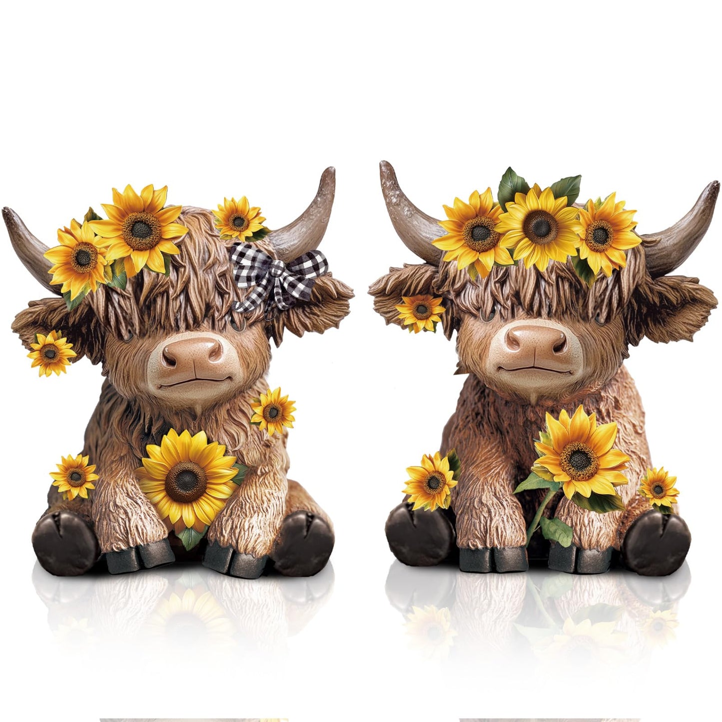 Wesiti 2 Pcs Summer Sunflower Highland Cow Figurines Gifts, Cute Highland Cow Statue Farmhouse Desk Decorations Resin Gnomes Scottish for Spring Home Garden Kitchen Office Decor
