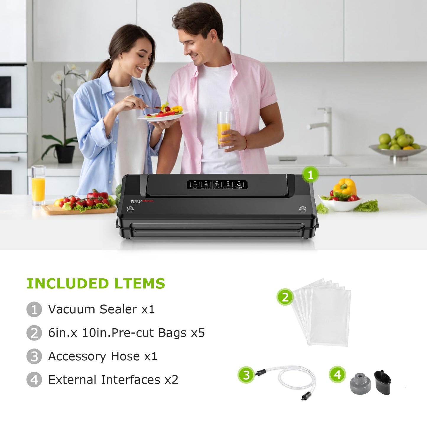 Bonsenkitchen Vacuum Sealer Machine | Compact Food Sealer for Kitchen Storage & Meal Prep | Multiple Modes | External Vacuum System | 5 Bags, Black