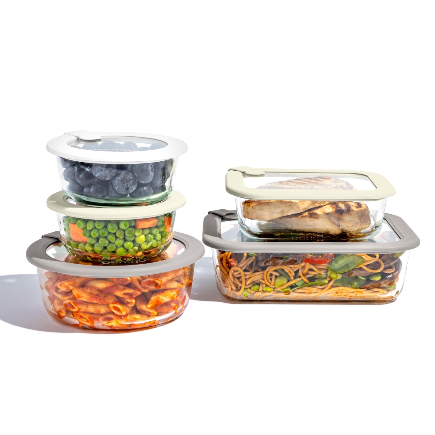 Bentgo Signature Leak-Proof Glass Food Storage - 10-Piece Set, 1-Compartment Plastic-Free Containers with Airtight Glass Lids, BPA-Free, Microwave, Freezer, Oven & Dishwasher Safe (White Stone)