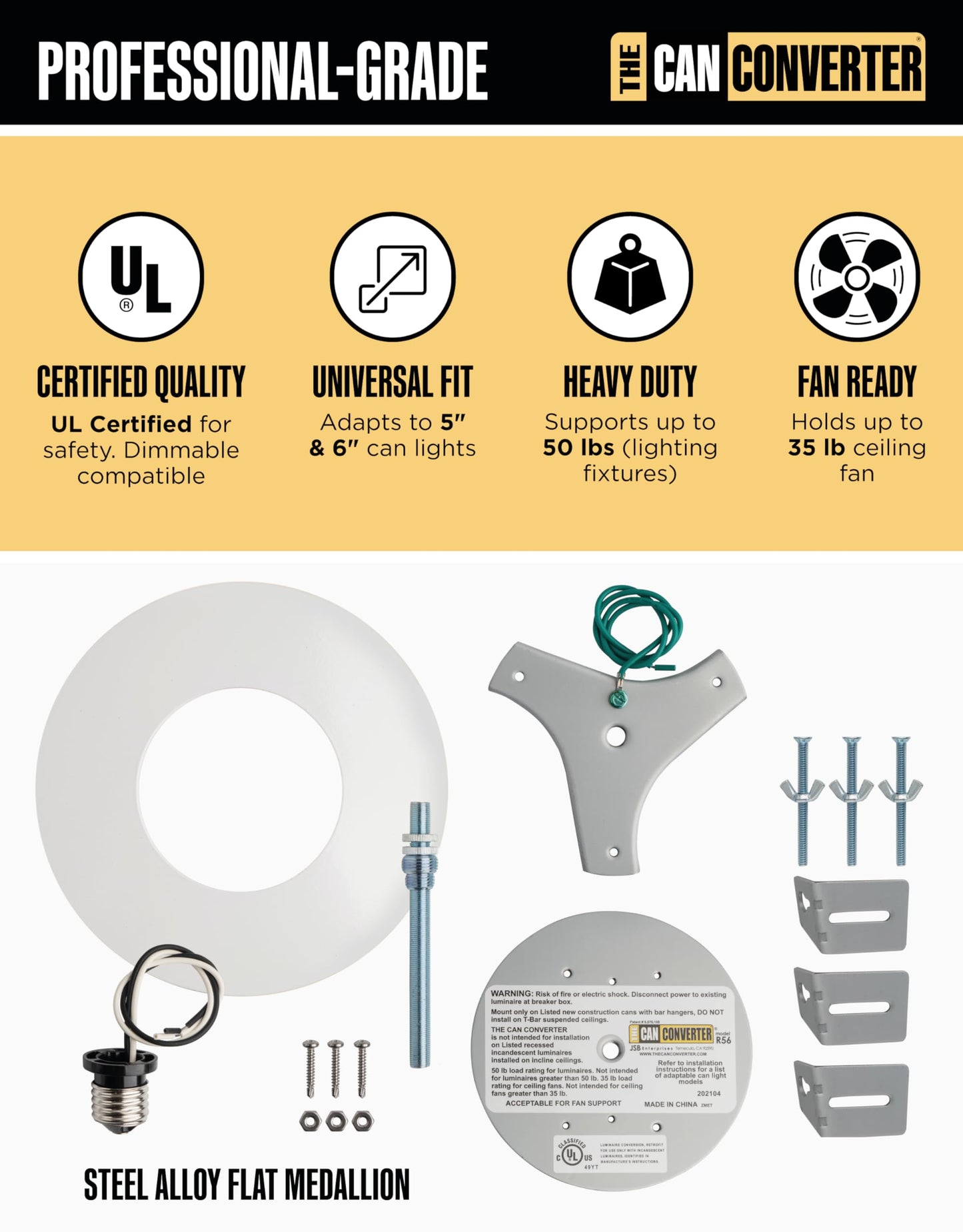 The Can Converter R56 Recessed Can Light Conversion Kit w/ 7"¾ Flat Steel Ceiling Medallion - Home Improvement for 5" & 6" Cans, Converter Kit for Ceiling Fan & Light Fixture, UL Certified, White