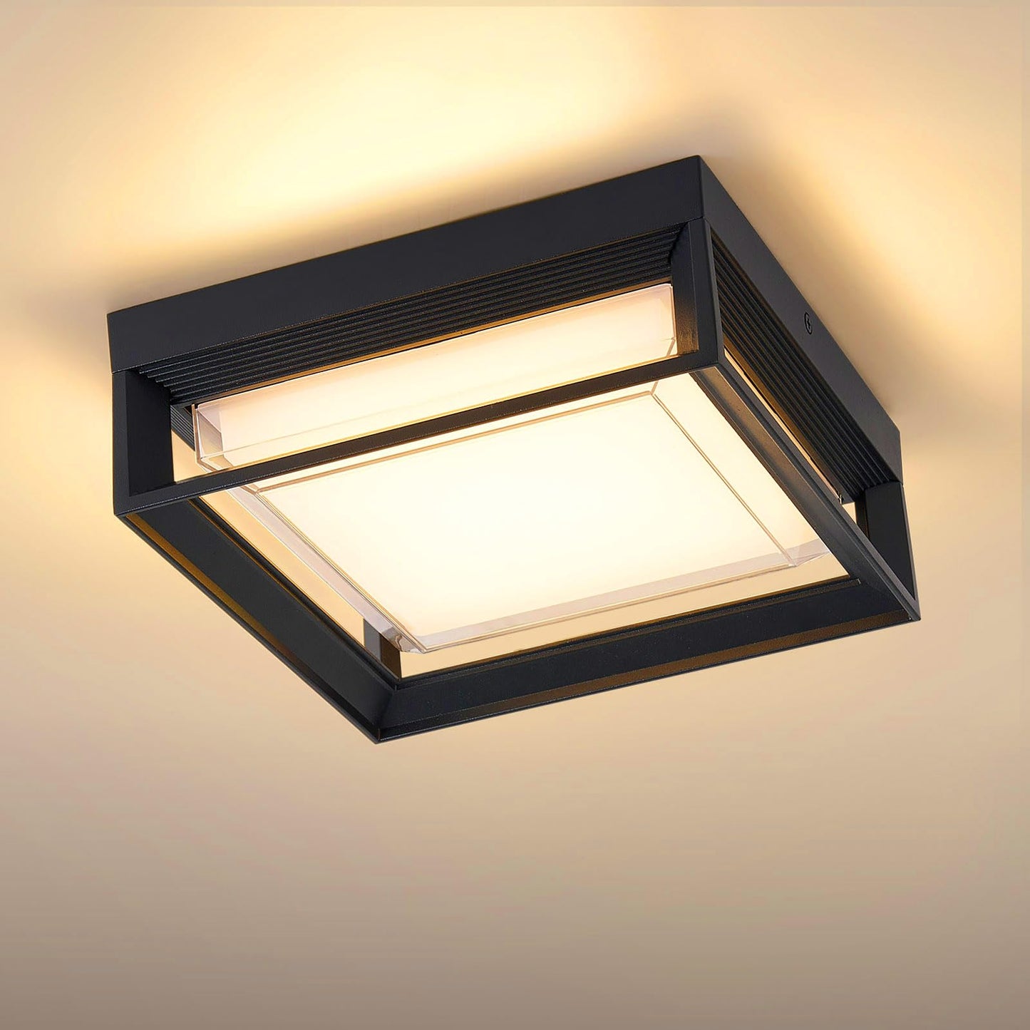 CHENS01 Square Flush Mount Outdoor LED Ceiling Light Fixture, 120V 24W 3000K 9 inch Medium Overhead Porch & Patio Lights Ceiling Mounted, Waterproof Suitable for Wet Areas, Black