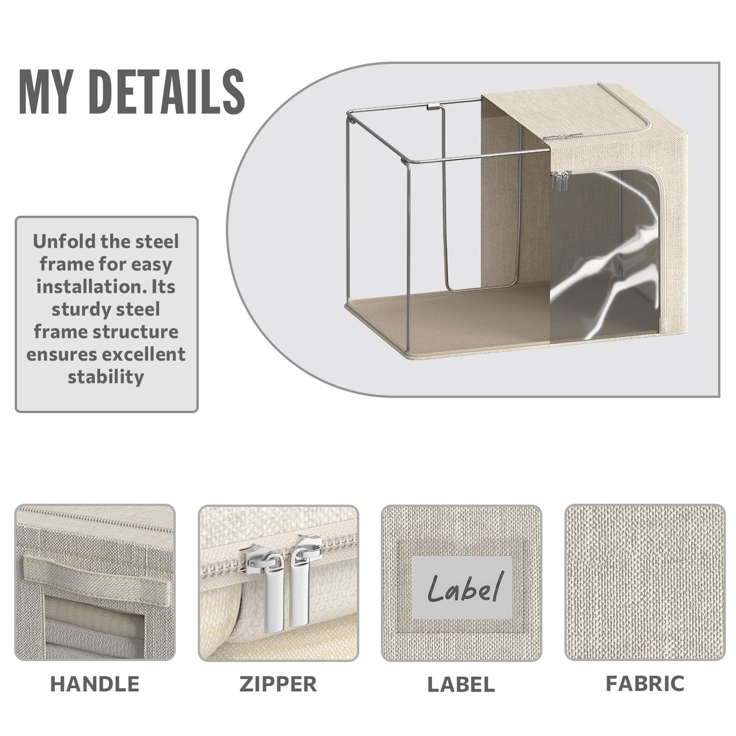 Chizjox 4 Pack Clothes Storage Bins with Metal Frame - 36L Stackable Storage Box with Lid，Foldable Storage Container Organizer for Clothes，Linen Fabric Storage Box with Clear Window＆Zippers＆Handles