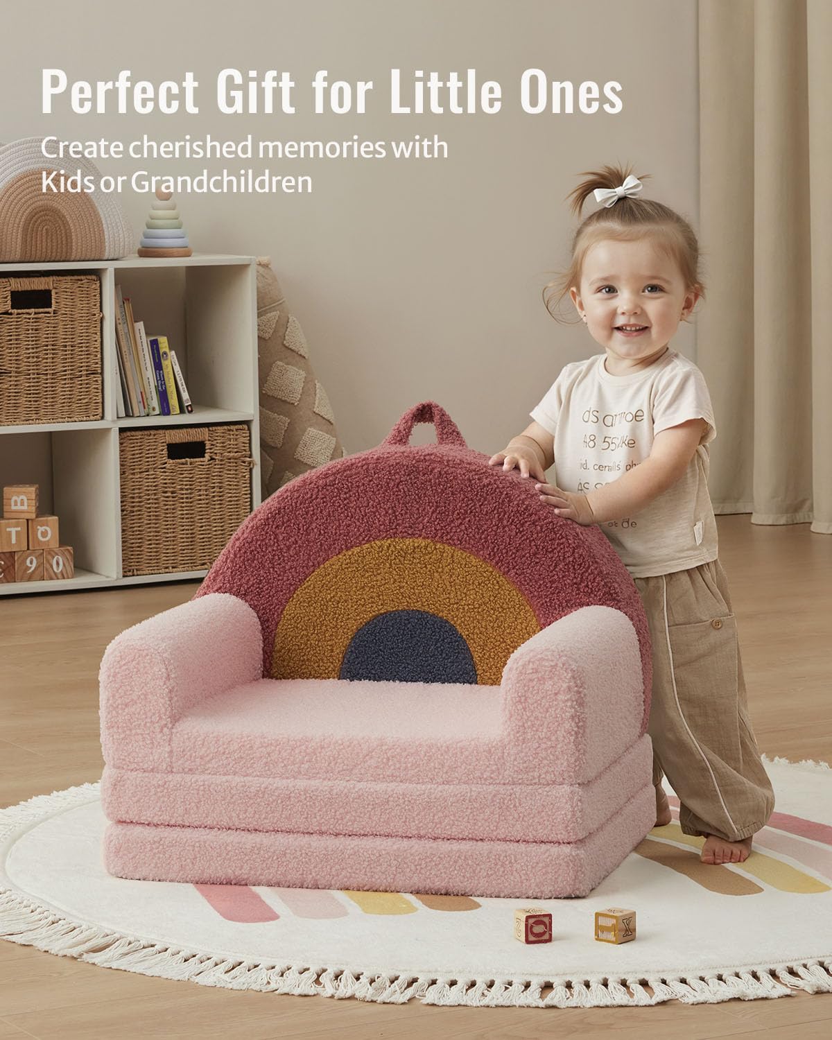 Blissful Diary Foldable Toddler Couch, 2-in-1 Comfy Toddler Chair & Lounger for Reading, Playroom, Kids Couch Sofa for Girls Boys Birthday Gift, Blush Rainbow
