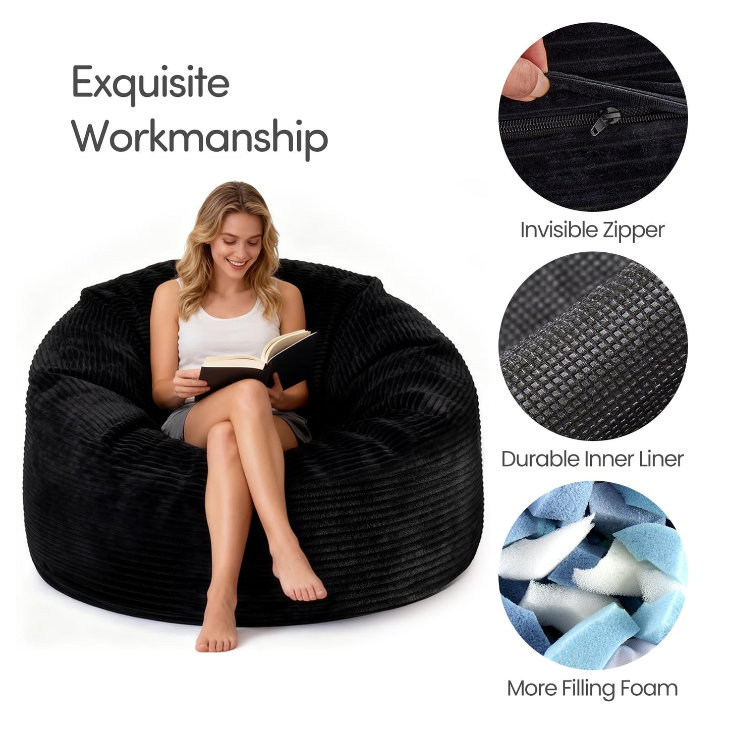 Yagamo Bean Bag Chairs for Teens, 3FT Bean Bag with Memory Foam Filling, Bean Bag Chairs with Plush Microfiber Removable Cover, Cozy Sofa for Reading, Gaming- Black