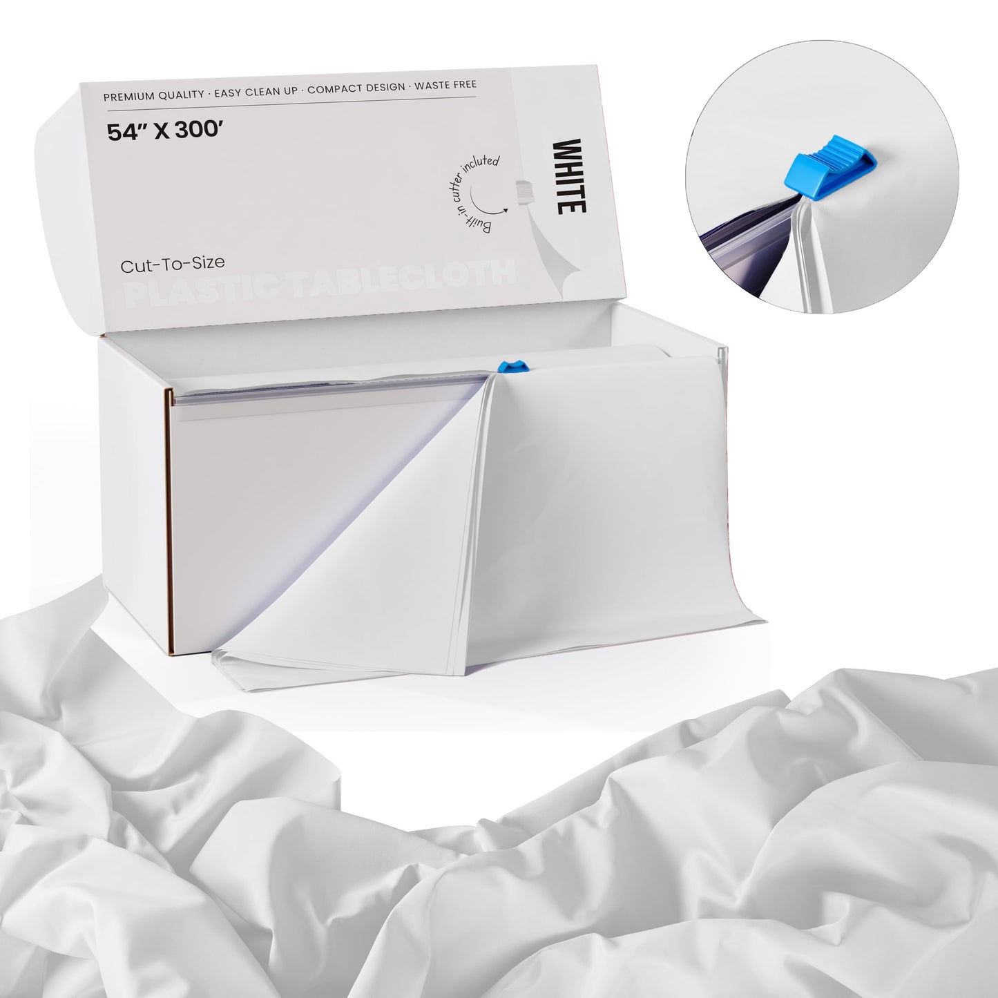 Party Solids 54 Inch X 300 Feet White Plastic Table Cover Roll in A Cut - to - Size Box with Convenient Slide Cutter. Cuts Up to 36 Rectangle 8 Feet Plastic Disposable Tablecloths