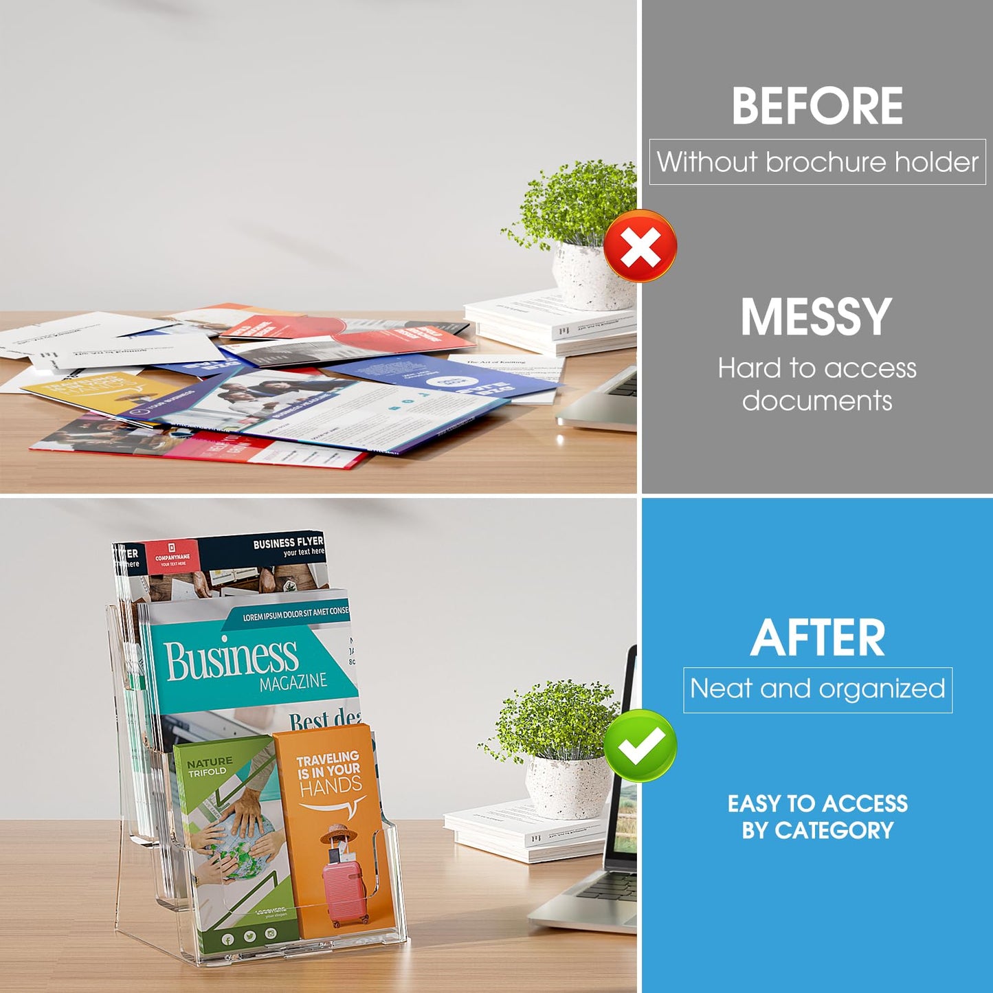 KTRIO Acrylic Brochure Holder 8.5 x 11, 3 Tier Literature & Pamphlet Organizer with Removable Divider for 4 Inch Flyers, Clear Display Stand for Desk & Wall Mount, 2 Pack