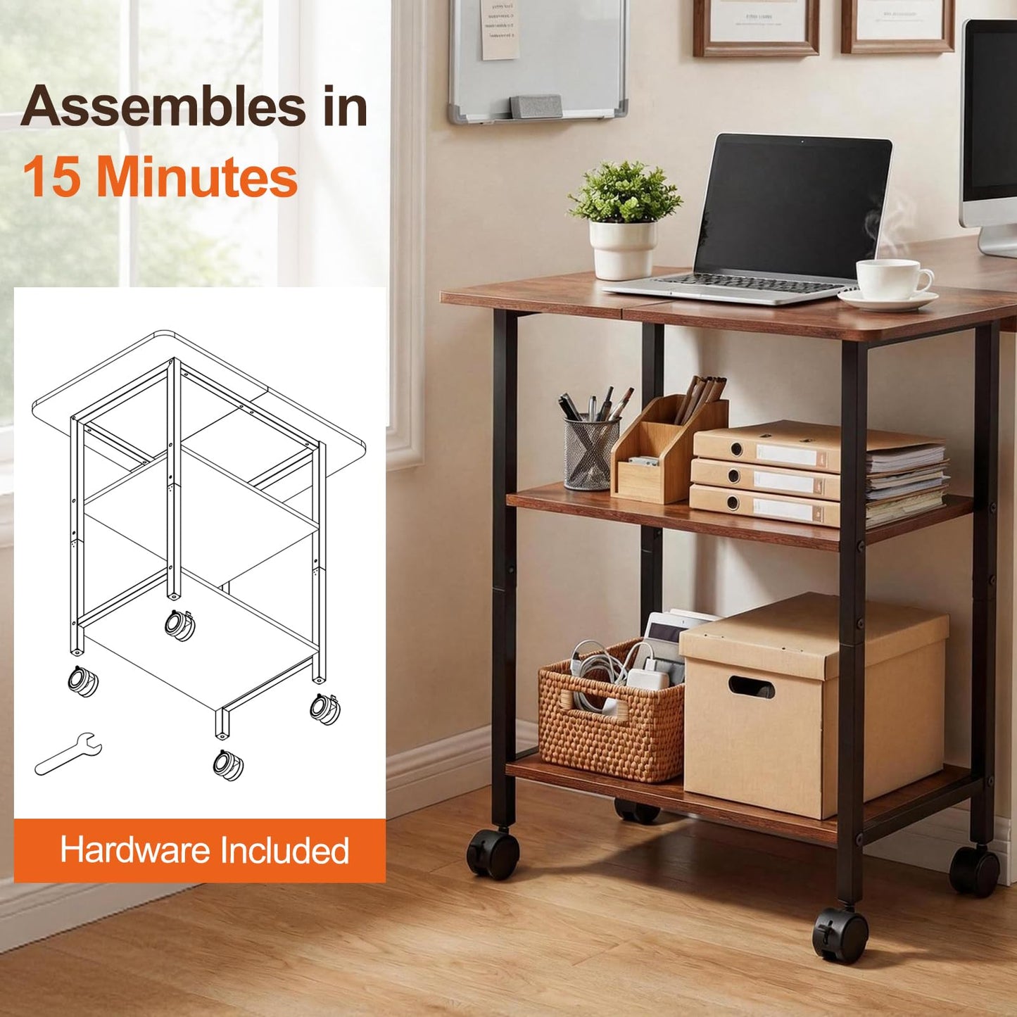 King Oasis 3-Tier Printer Stand with Wheels, Industrial Mobile Printer Cart with Storage Shelf for Home Office Organization, 3D Printer, Side Table for Living Room, Bedroom, Rustic Brown