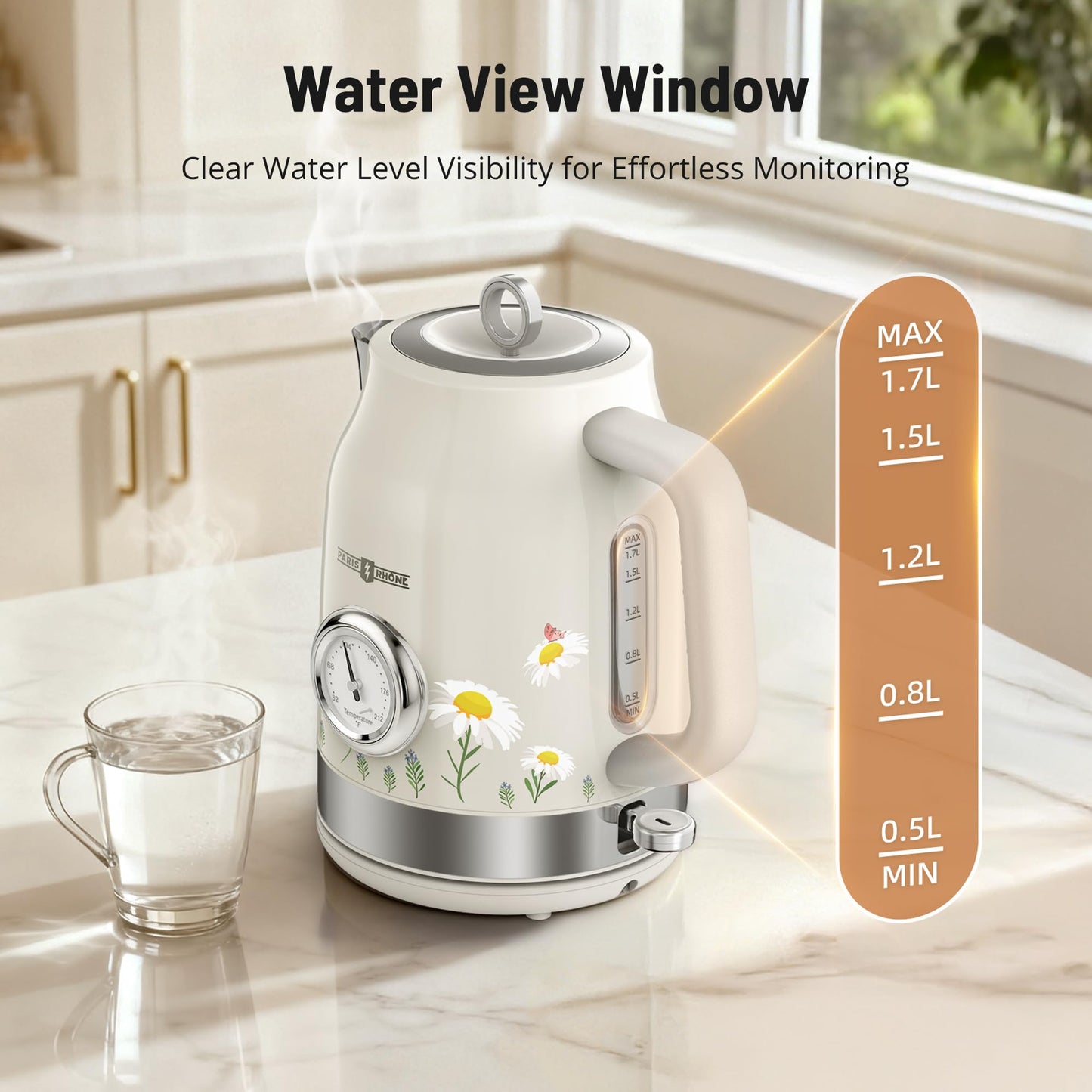 PARIS RHÔNE Retro Stainless Steel Electric Kettle, 1.7L Cordless Hot Water Tea Kettle with Thermometer, 1500W Fast Heating, LED Indicator, Auto Shut-Off & Boil Dry Protection
