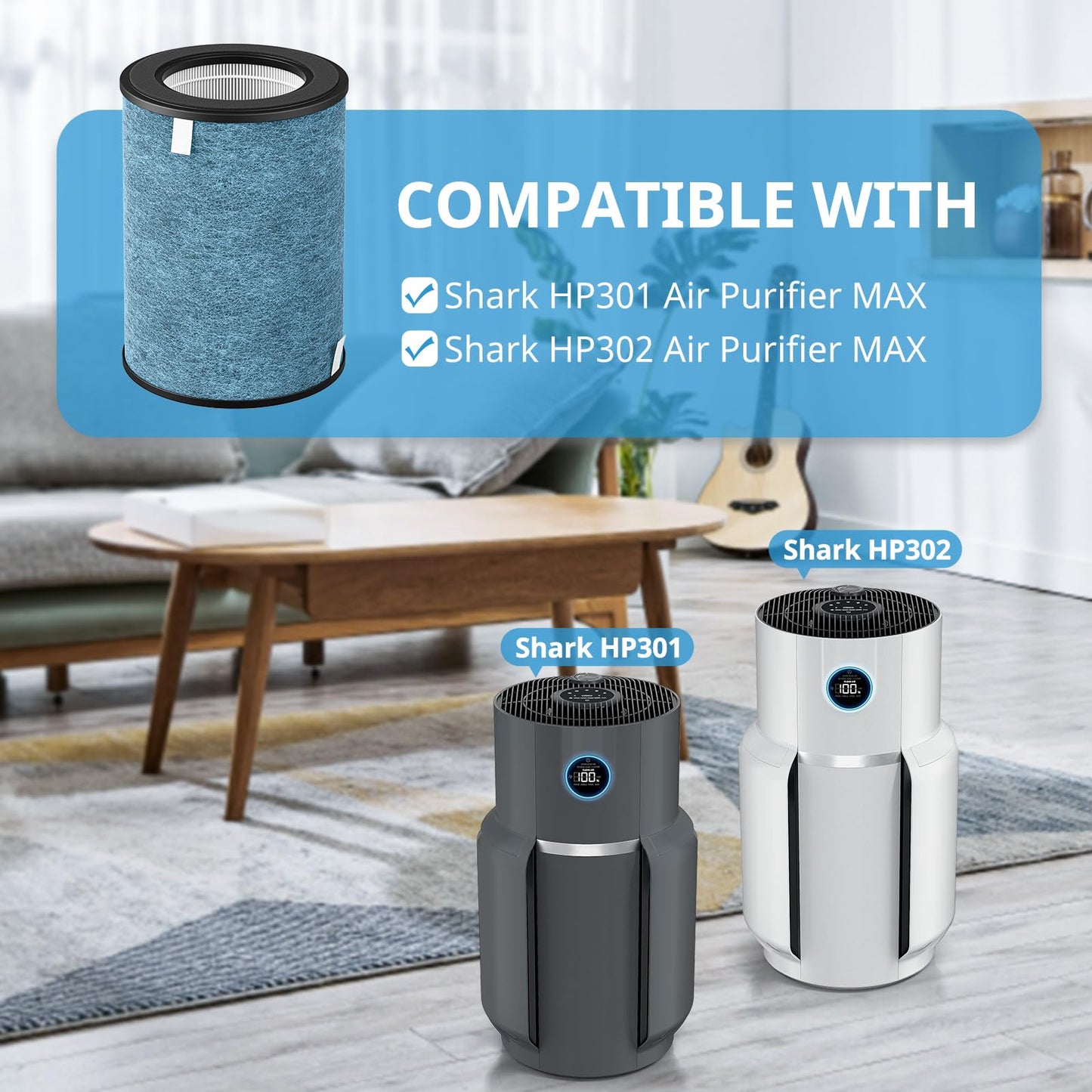 HP302 Replacement Filter Compatible with Shark HP302, HP301 NeverChange Air Pur-ifier MAX, HP200 Series Air Puri-fier MAX, 3-in-1 Filter, Part # HE3FKPET, 1 Pack