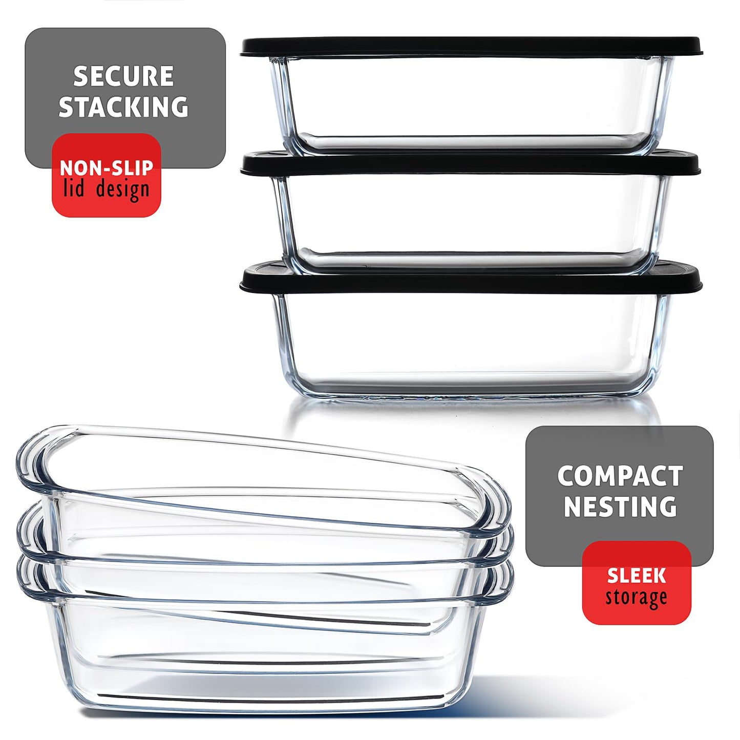 EATEX Glass Bread Pans for Homemade Bread Baking, 1.9 Quart Deep Rectangular Glass Food Storage Containers with Lids, 3 Bread Loaf Pans 3 Airtight Lids Black Microwave Oven & Freezer Safe