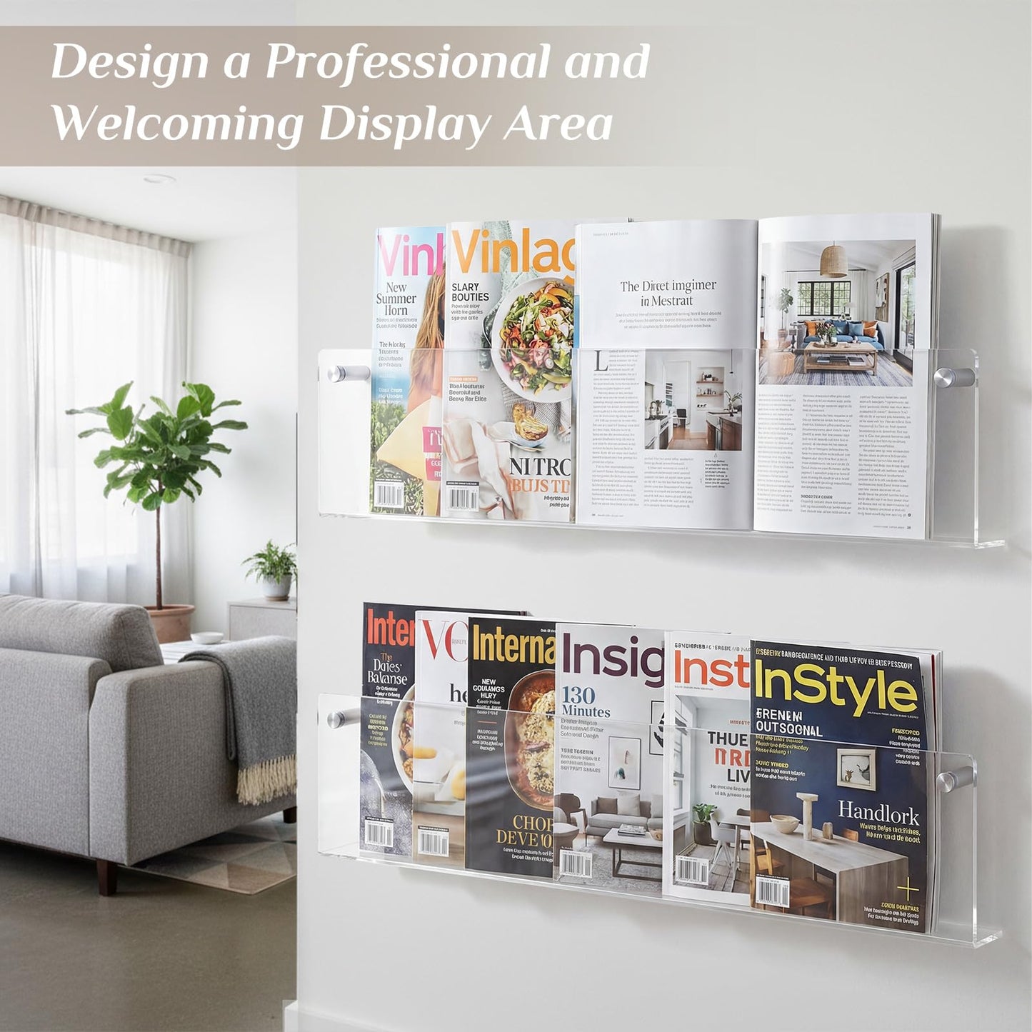 Fiwochic 2 Pack Clear Acrylic Magazine Holder Brochure Holder Wall Mount Hanging Bookshelf Literature Storage Rack for Document Brochure File Display Shelf for Waiting Living Room Office (24 Inch)