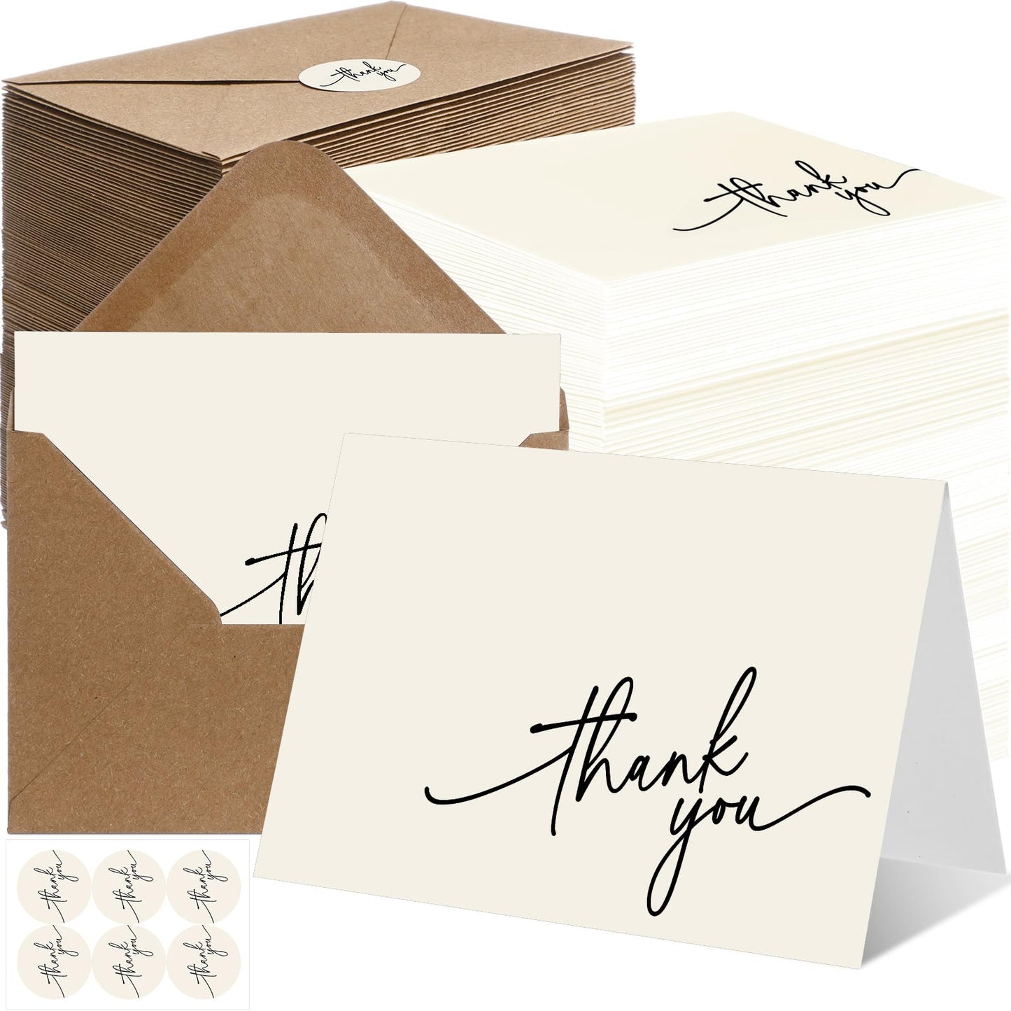 Gueevin 200 Pcs Thank You Cards with Kraft Envelopes and Stickers Bulk, 3.5 x 5 Inch Classy Blank Thank You Notes for Wedding, Business, Graduation, Baby Shower, Bridal Shower, Funeral(Cream)