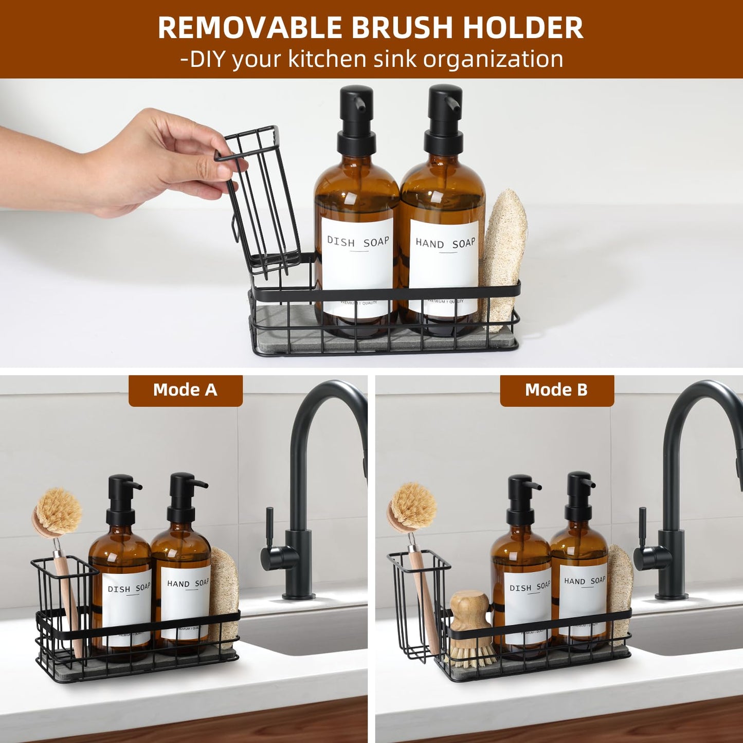 Dish Soap Dispenser for Kitchen, 16.9 fl oz Amber Hand and Dish Soap Dispensers, Kitchen Soap Dispenser Set with Sponge Holder, Brush Holder and Loofah Sponge, Countertop Sink Organizer Accessories