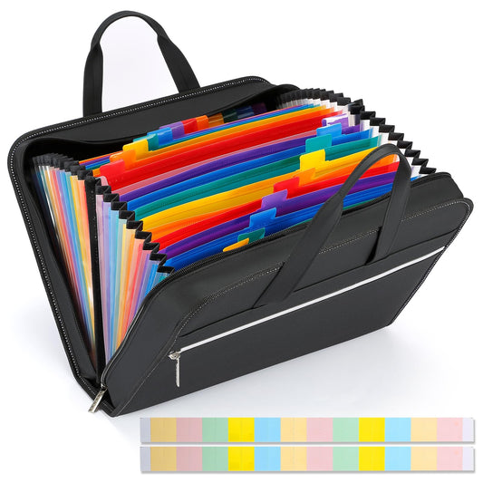 SEEKIND PU Leather Accordian File Organizer 26 Pockets, Expanding File Folder with Handle, Portable Document Organizer Accordion File Keeper for Letter Size / A4 File, for Office, School-Black