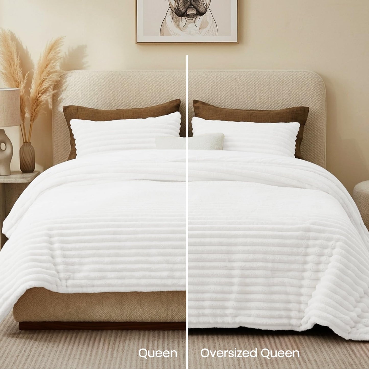 Quataly Marshmallow Queen Fleece Comforter Set White Faux Fur Fluffy Comforter Set Luxury Bedding Set Soft Plush Fuzzy Warm Bed Set All Season 3 Pieces (1 Shaggy Comforter, 2 Pillowcases)