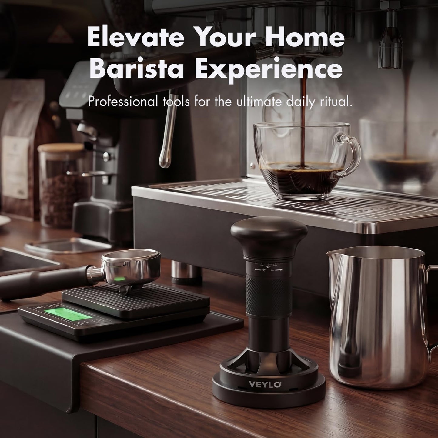 VEYLO 54mm Espresso Tamper (53.3mm Base), Adjustable 20-30 lb Coffee Tamper with Audible Click Feedback, 24-Click Precision Dial, 20/25/30 lb Marks, No Spring Swap, Stainless Steel Flat Base, Black