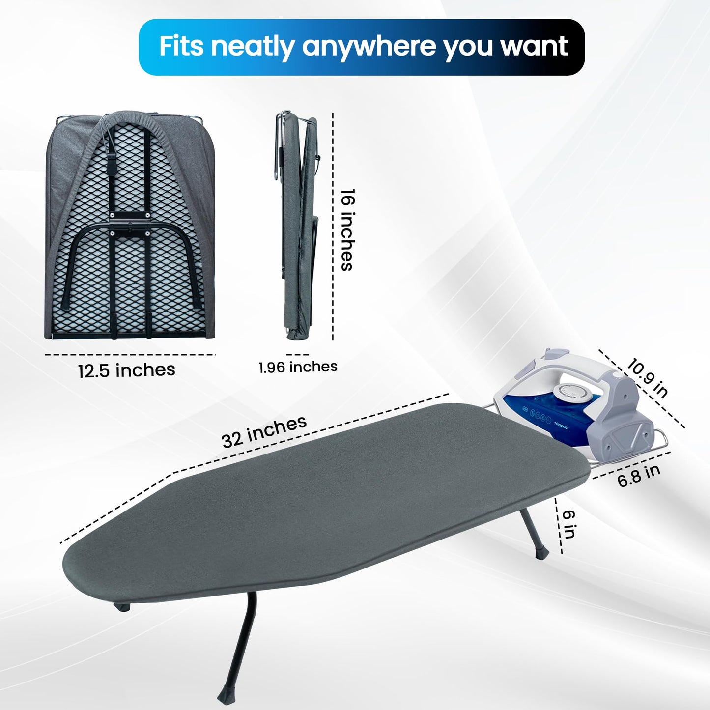 OXZOR Metal Mesh Panel Tabletop Ironing Board | Foldable Iron Board | Heavy Duty Small Iron Board with Heat Resistant Cover and 100% Cotton 8mm Thicken Pad (Grey)