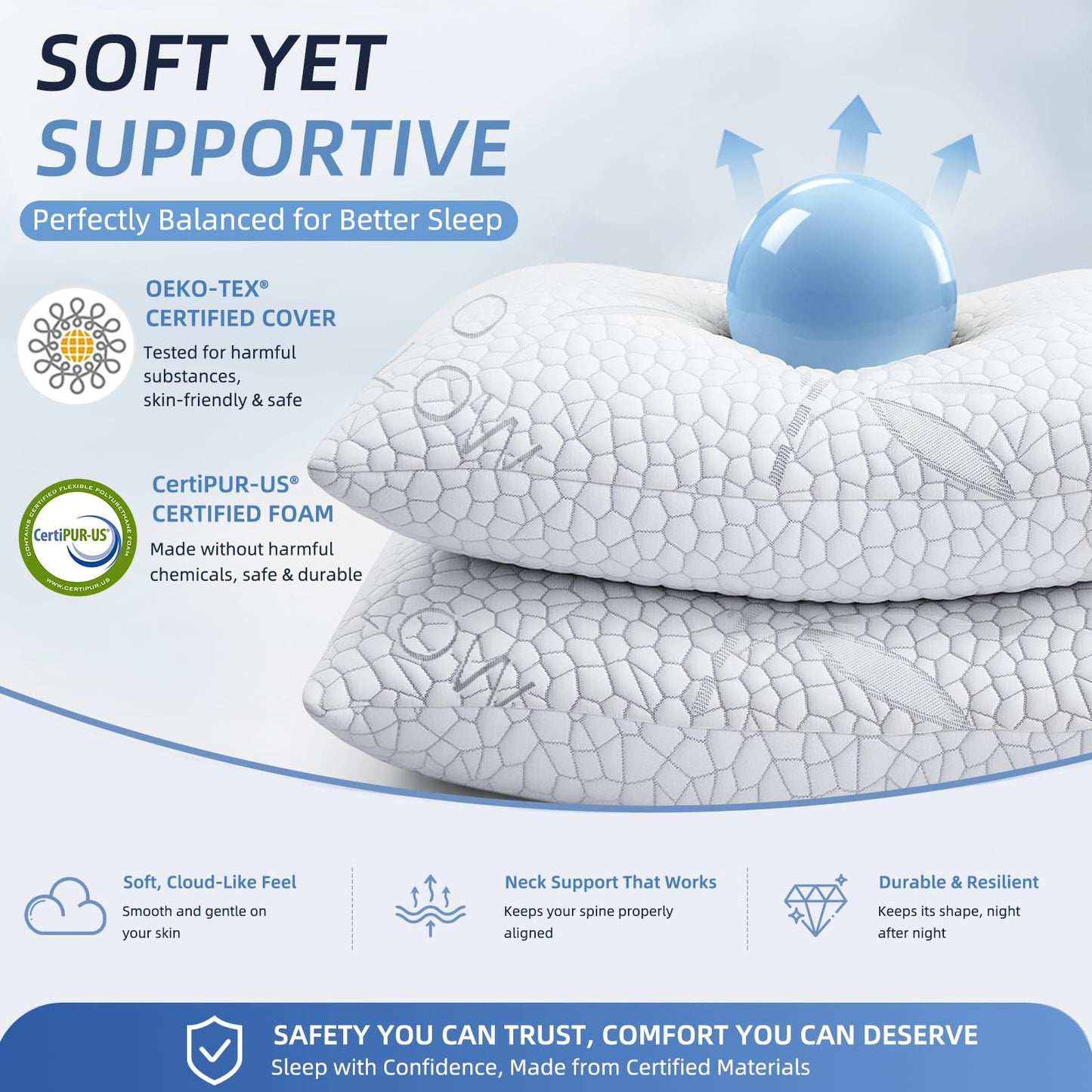 Yettbea Adjustable Shredded Memory Foam Pillows Queen Size Set of 2, Luxury Bamboo Cooling Pillow w/Washable Zippered Cover, Soft or Firm Support Bed Pillow for Side, Back, Stomach Sleeper