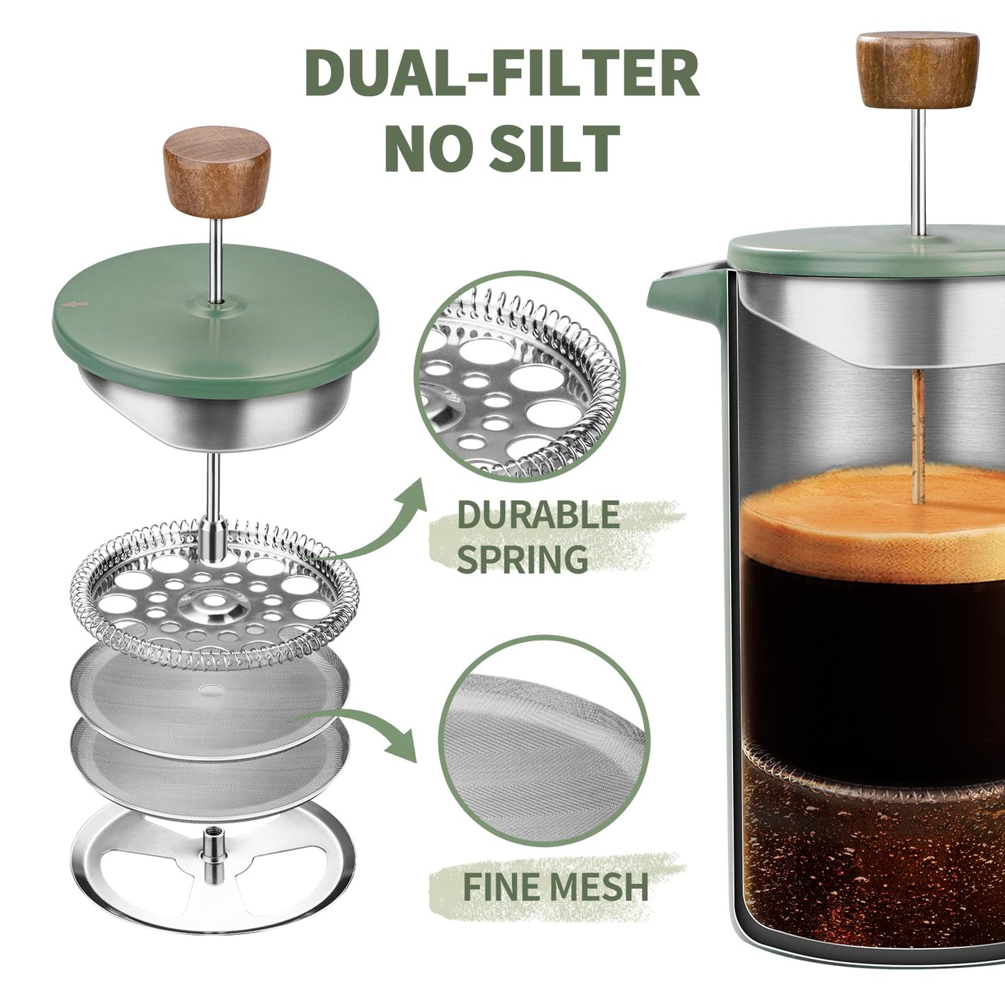shoxil French Press Coffee Maker, 34oz Stainless Steel Green Coffee Press Real Wood Handle, Double Wall Insulated French Coffee Press with Dual-Filter Screen, Perfect for Camping & Kitchen Use