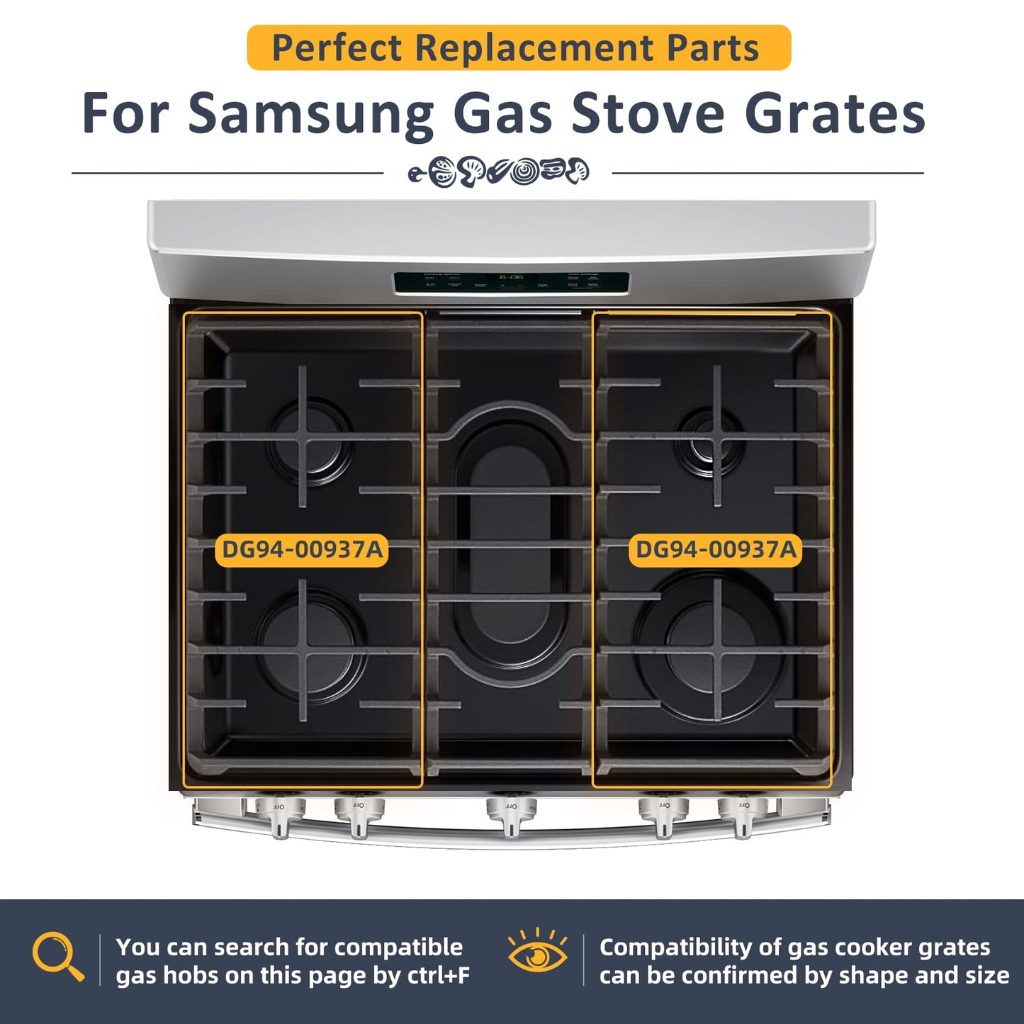 DG94-00937A Cast Iron Gas Stove Grate Replacement for Samsung Gas Stove top Support Parts NX58H9500WS NX58H5600SS NX58R5601SS Samsung Gas Range Surface Burner Grates Replacement Parts DG94-00468A