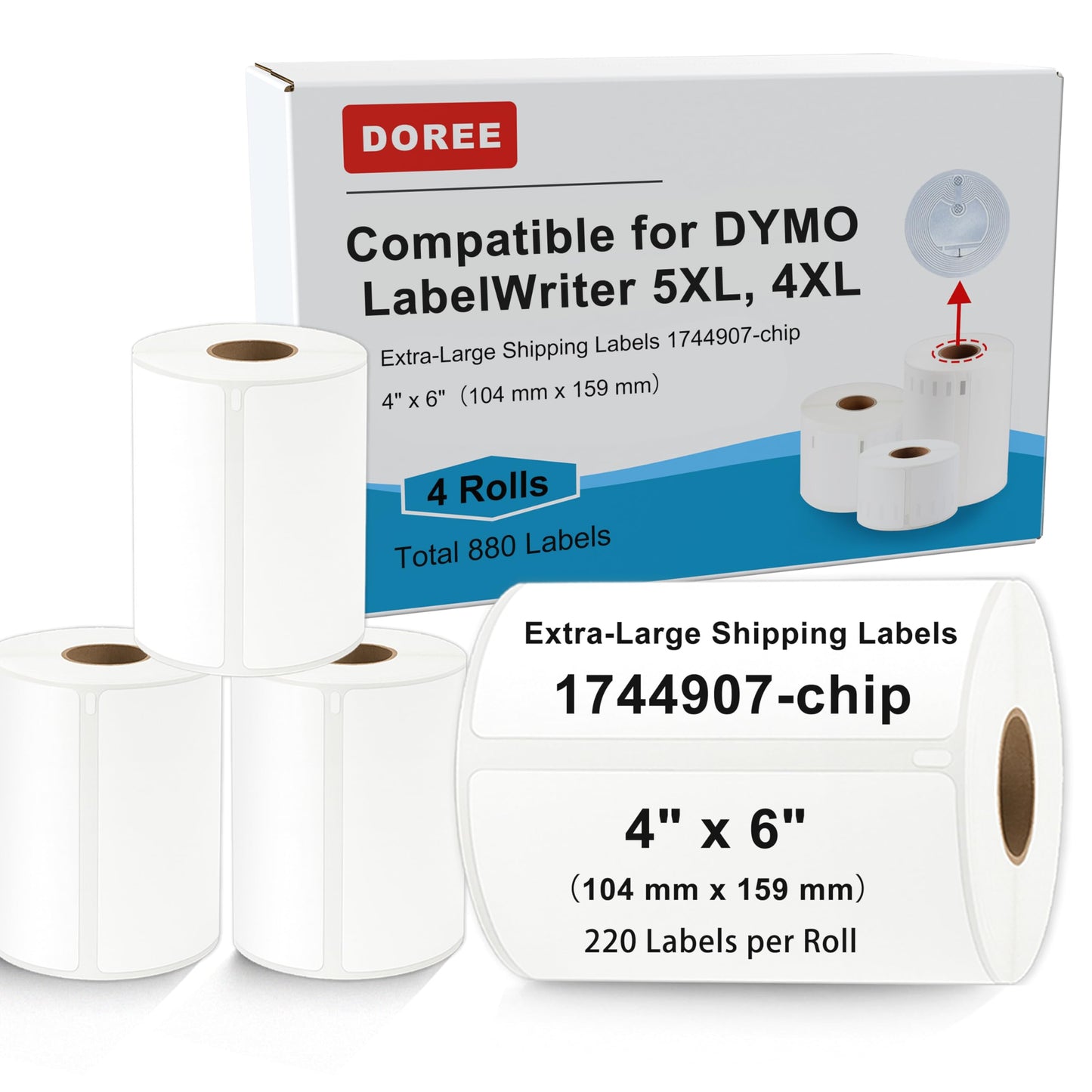 DOREE 4-Roll 4" x 6" Extra-Large Shipping Labels 1744907 with chip, Compatible with Dymo LW 5XL and 4XL Label Printers. (Thermal Shipping Labels, White,4-Rolls Total 880)