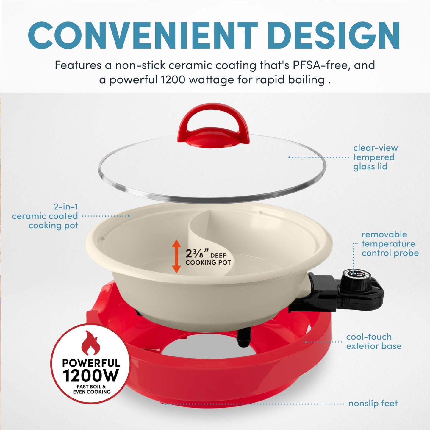 AROMA® Divided Electric Shabu Shabu Hot Pot with PFAS-Free Ceramic-Coated Pot (2.5 Quarts)